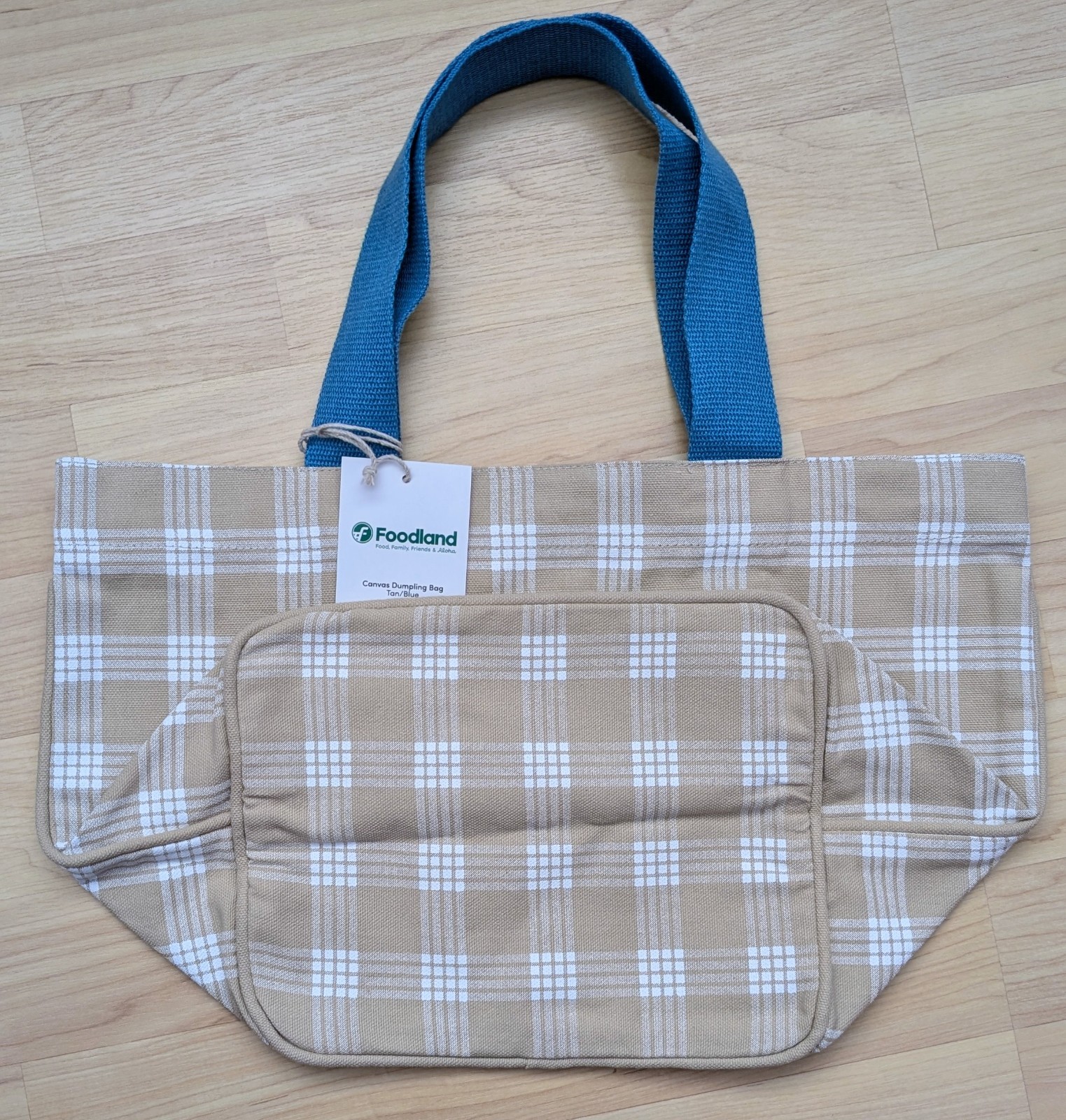 Foodland Hawaii Palaka Tan Beige, Blue Handle Canvas Dumpling Reusable Tote Bag