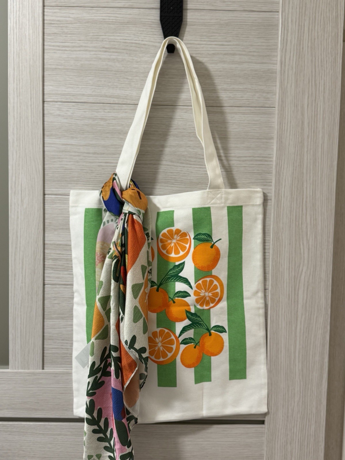 Canvas Tote Bag, Orange Fruit Print, Reusable, Scarf Accent, 20x12in, Modern