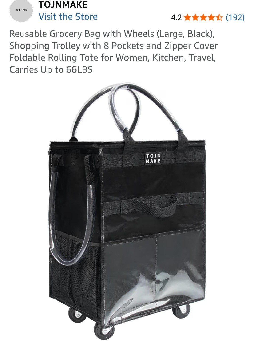 TOJNMAKE Large Reusable Shopping Trolley w/ Wheels Zipper Cover, Foldable