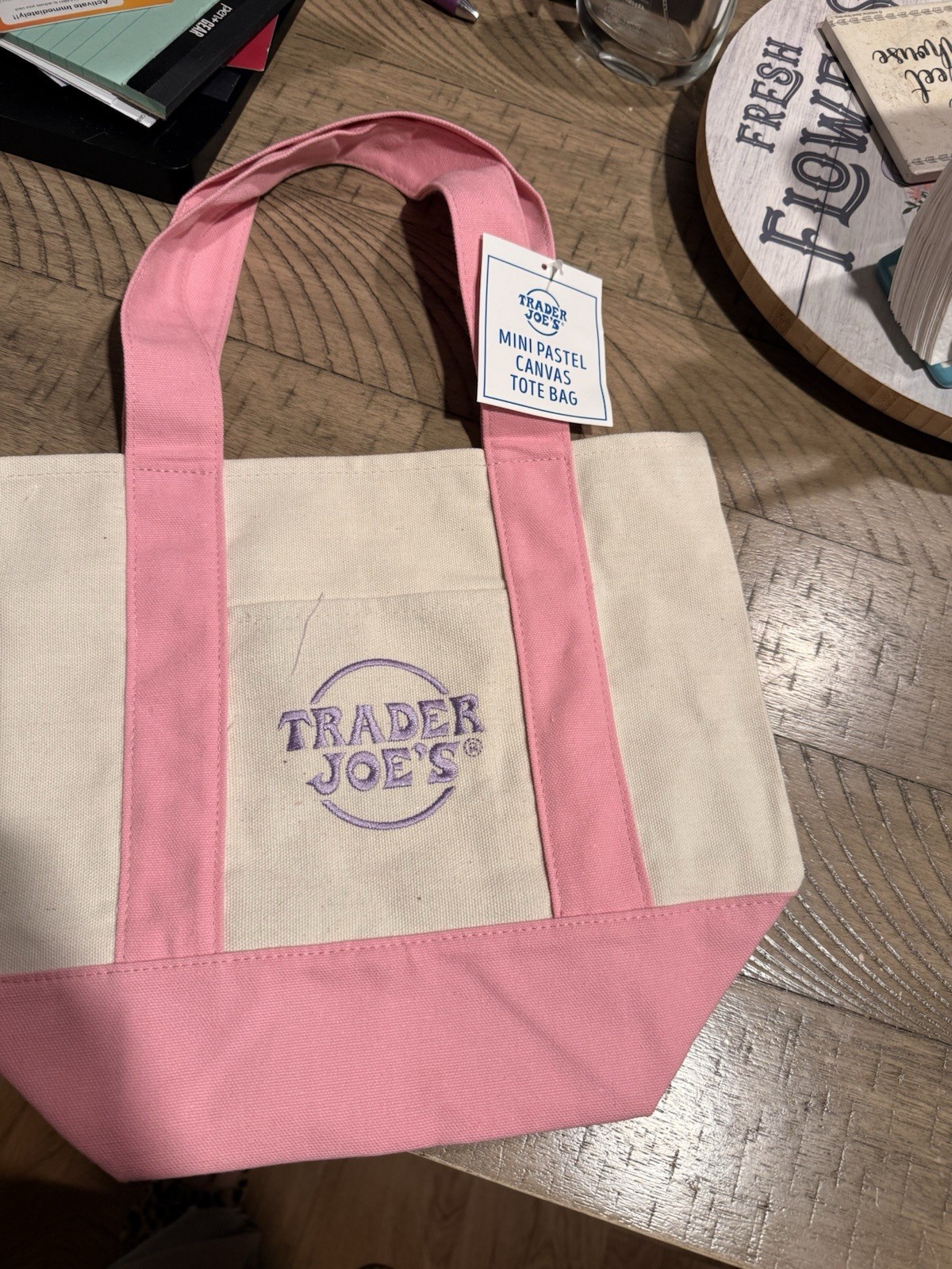 Trader Joe’s Mini Pastel Canvas Tote Bag Color Block Pink Beige
