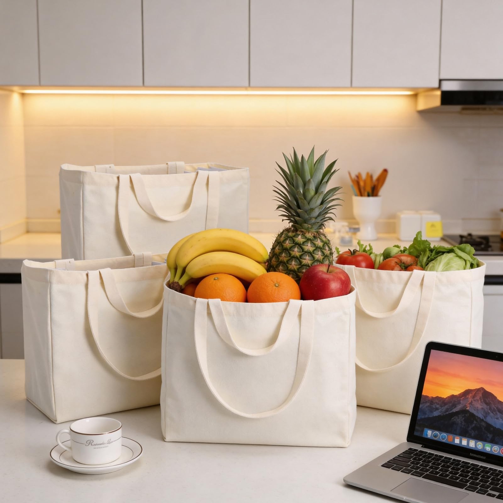 4 Pcs Canvas Grocery Bags with Handles Large Reusable Grocery Shopping Bag Ca…