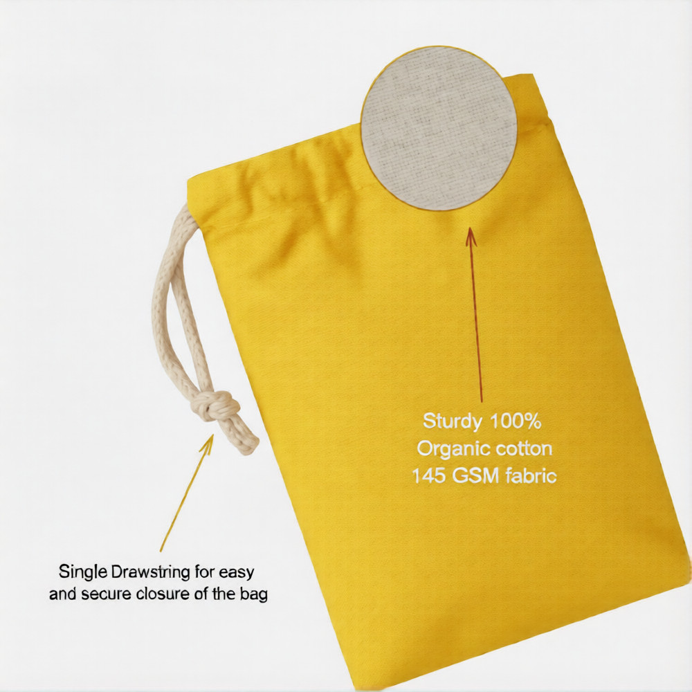 CharkaBags – 4 x 6 Inches Yellow Reusable Drawstring Muslin Bags Premium Quality