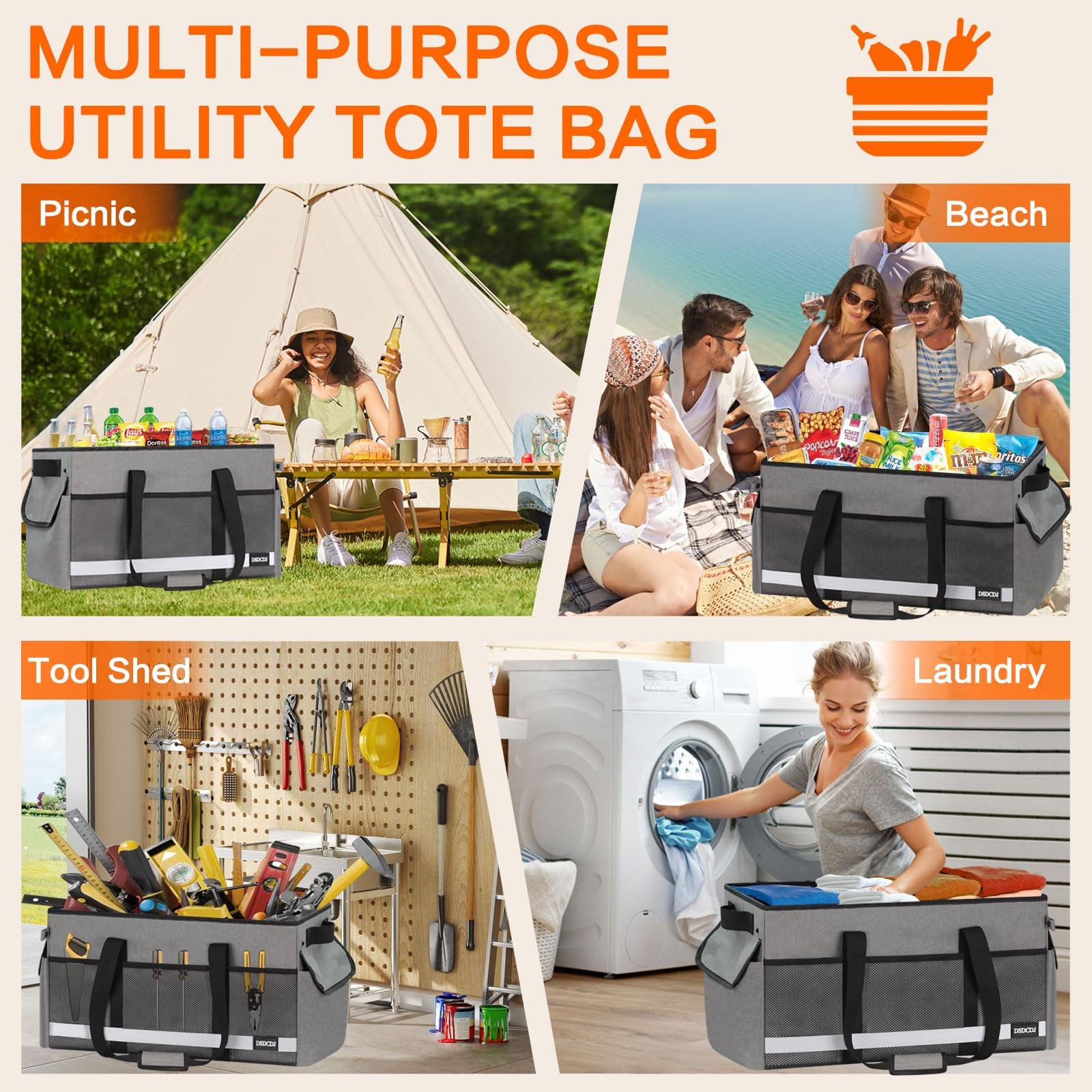 Upgrade Extra Large Utility Tote Bag with Reflective Strip, Standing Reusable Gr