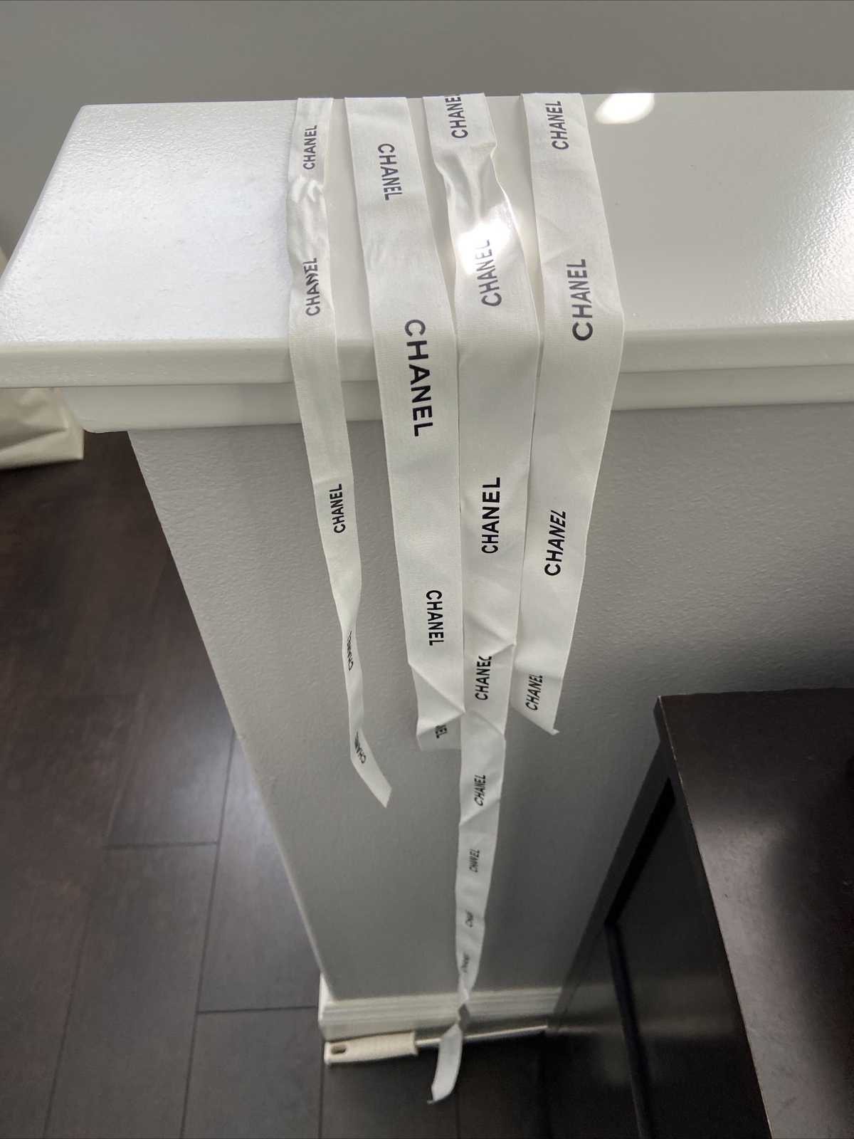 CHANEL WHITE RIBBON WITH BLACK LETTERING VARIOUS SIZES & LENGTHS