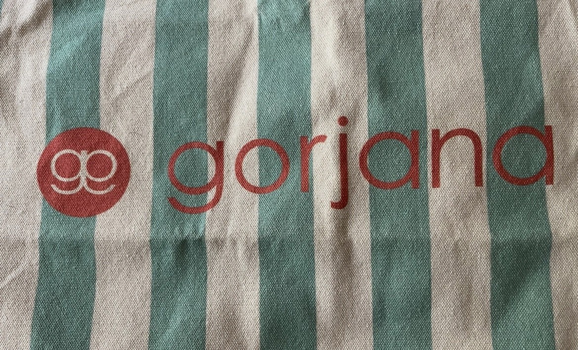 NEW! GORJANA Green Beige Stripe Canvas Logo Reusable Shopping Tote Bag FREE SHIP