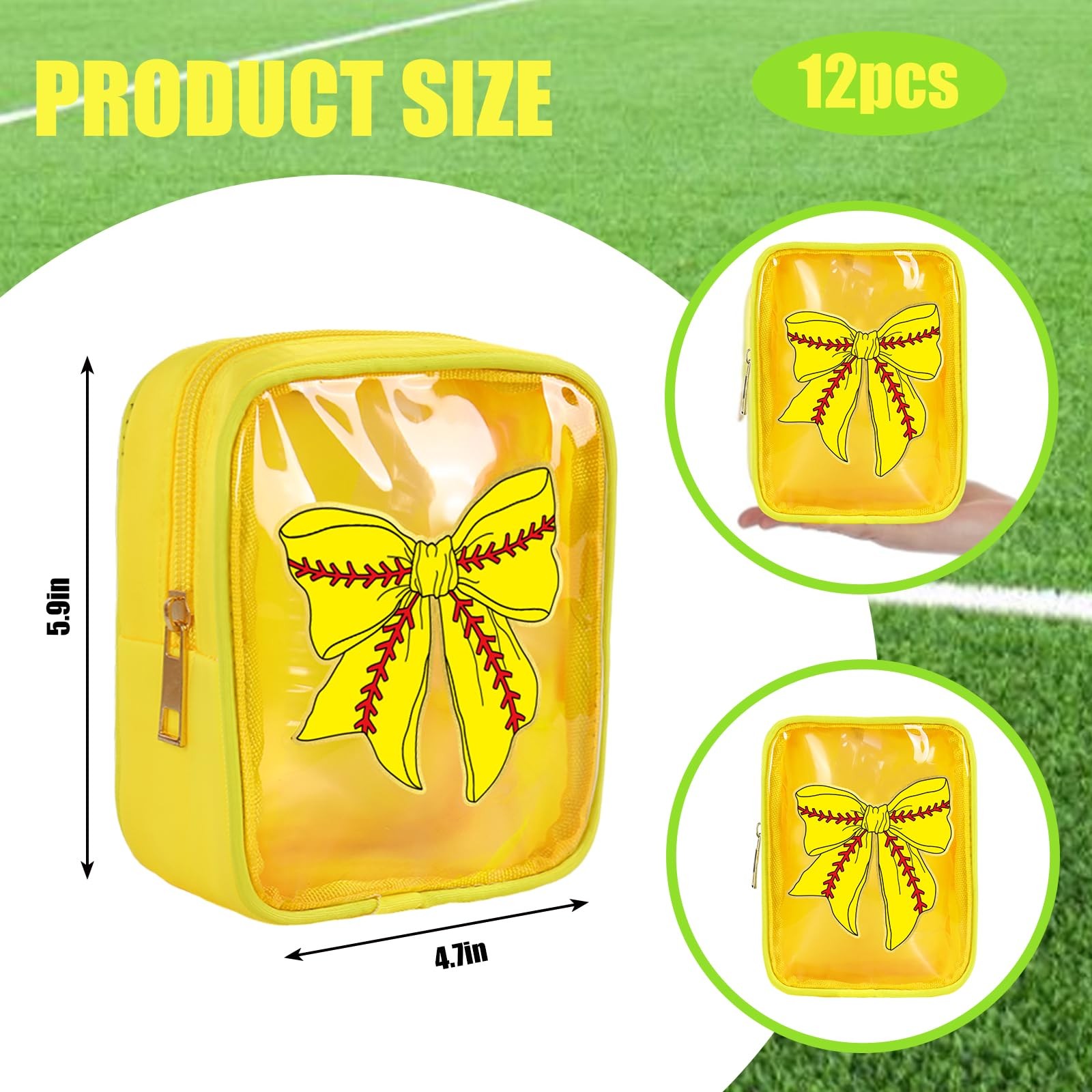 JarThenaAMCS 12Pcs Softball Bow Clear Makeup Bags Yellow Red