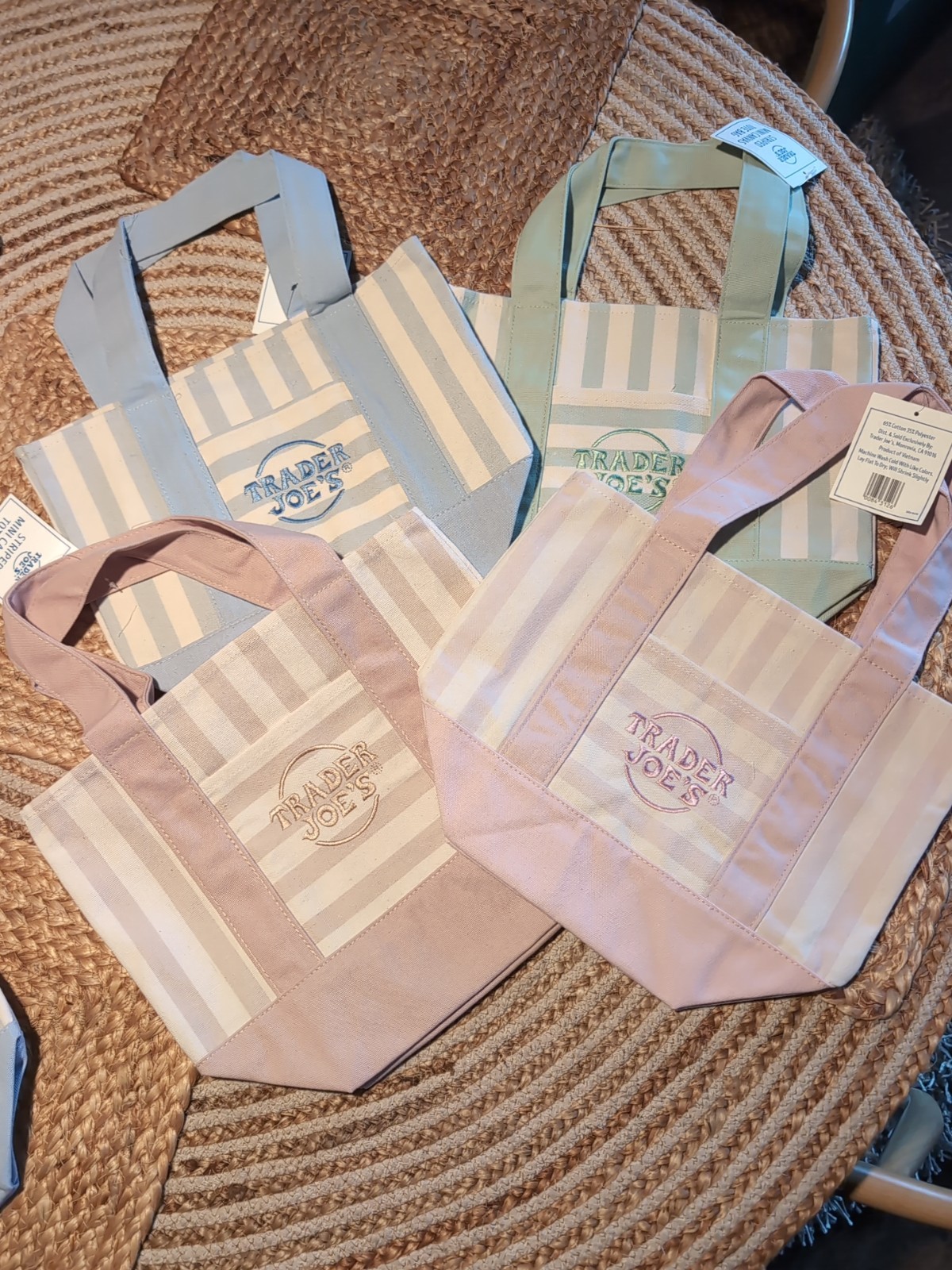 Trader Joe’s Striped Canvas Mini Tote Set of 4 Summer 2026 Pink Blue Green Tan