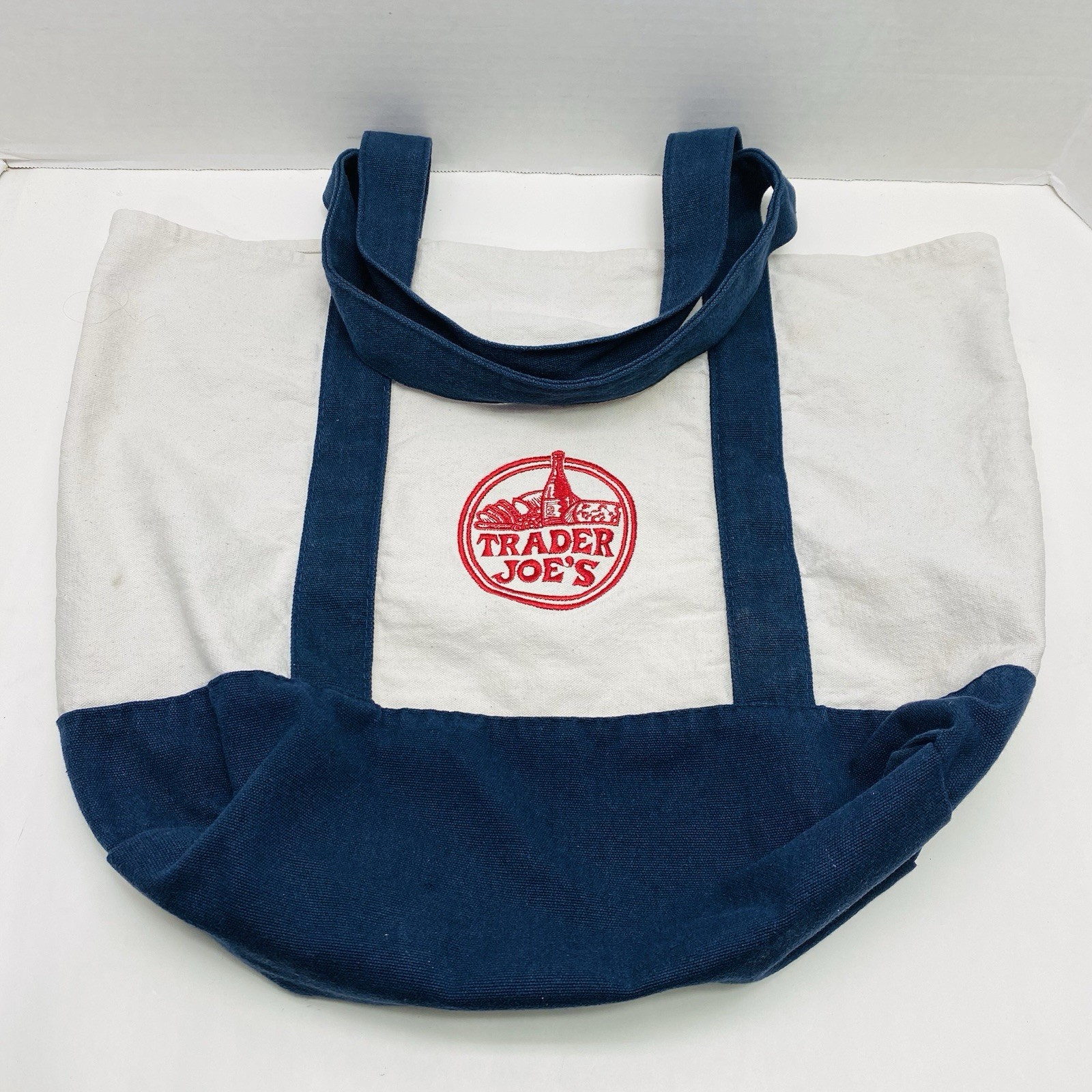 Vintage Trader Joes Canvas Embroidered Grocery Tote Bag Reusable White Navy Blue