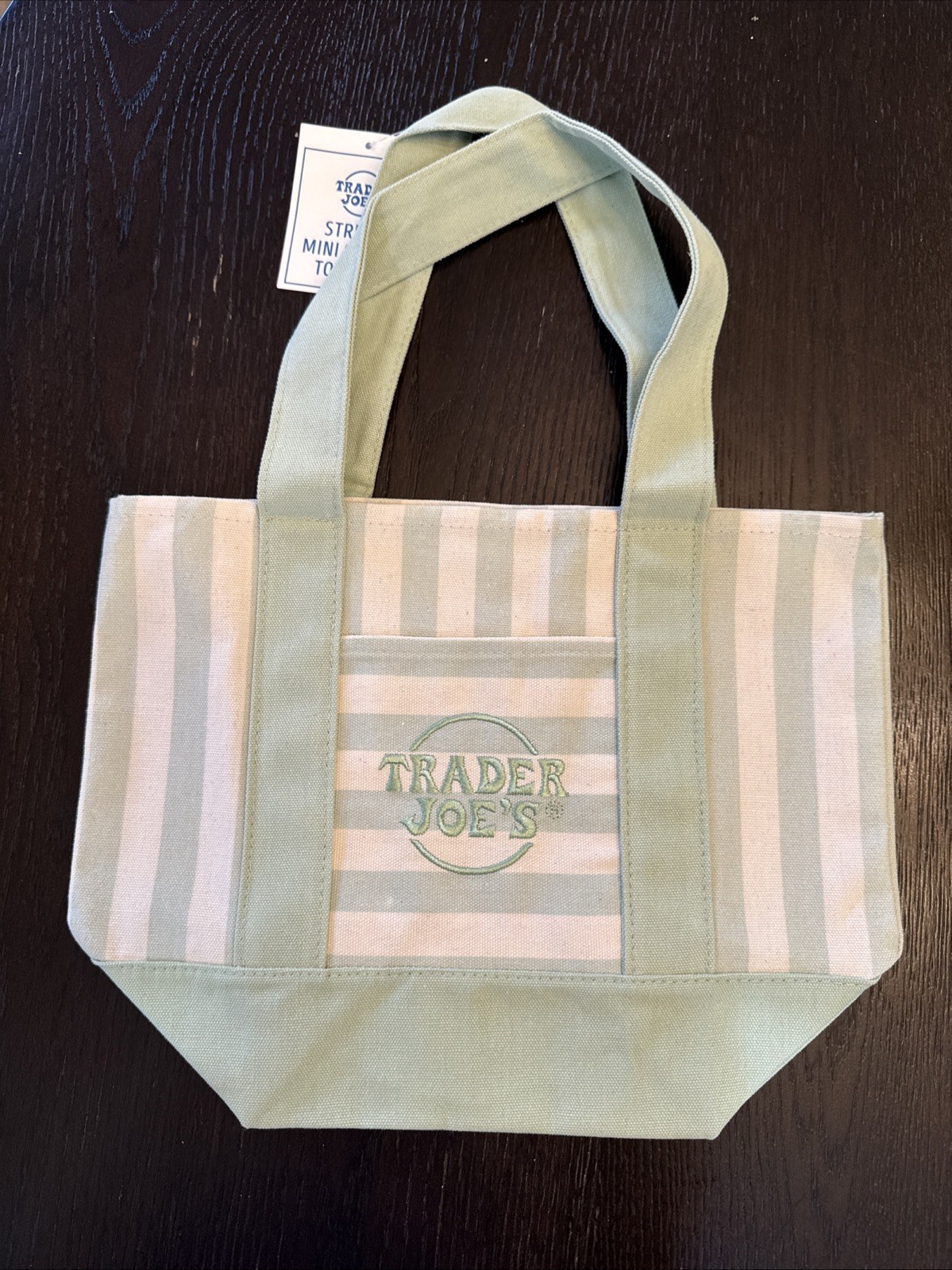 Trader Joe’s Mini Canvas Reusable Tote Bag Green White Striped