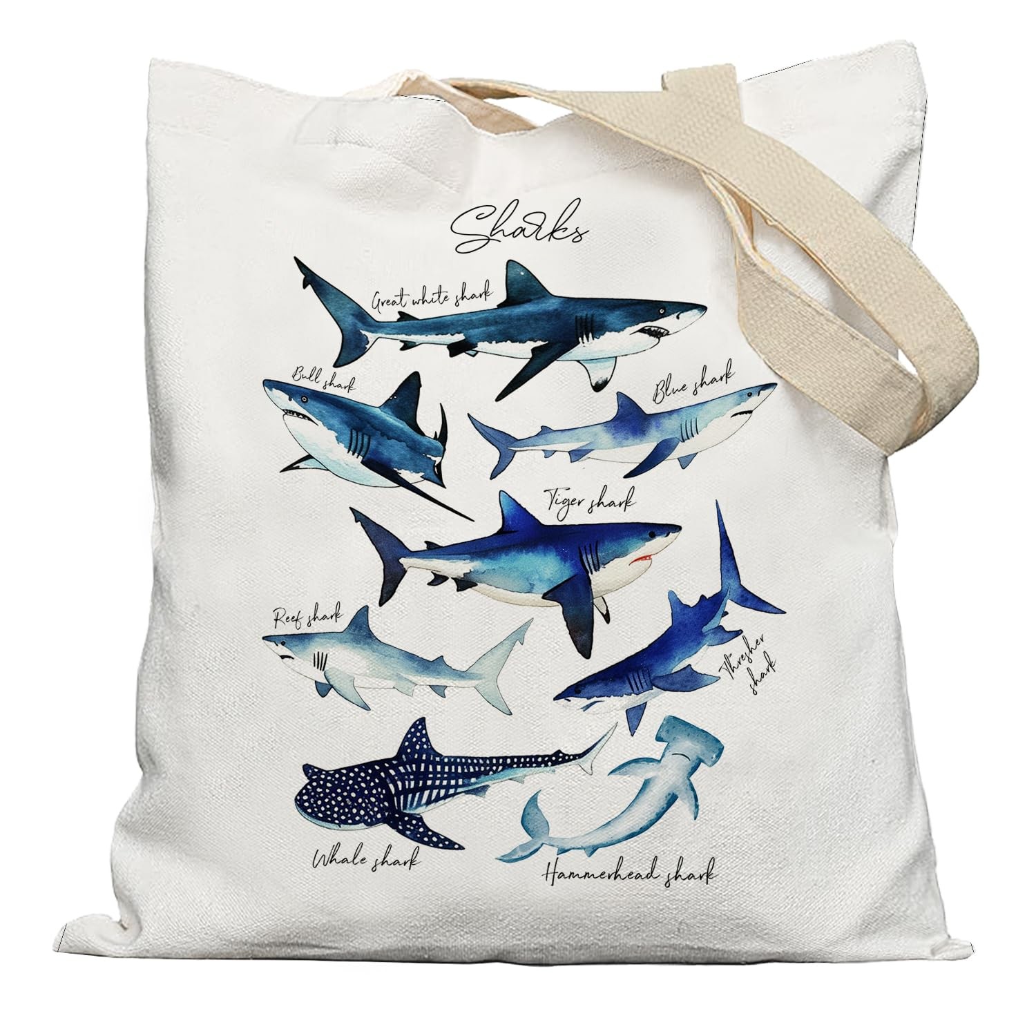 Shark Beach Canvas Tote Bag – Shark Species & Sea Creature Gifts, Reusable Gr…