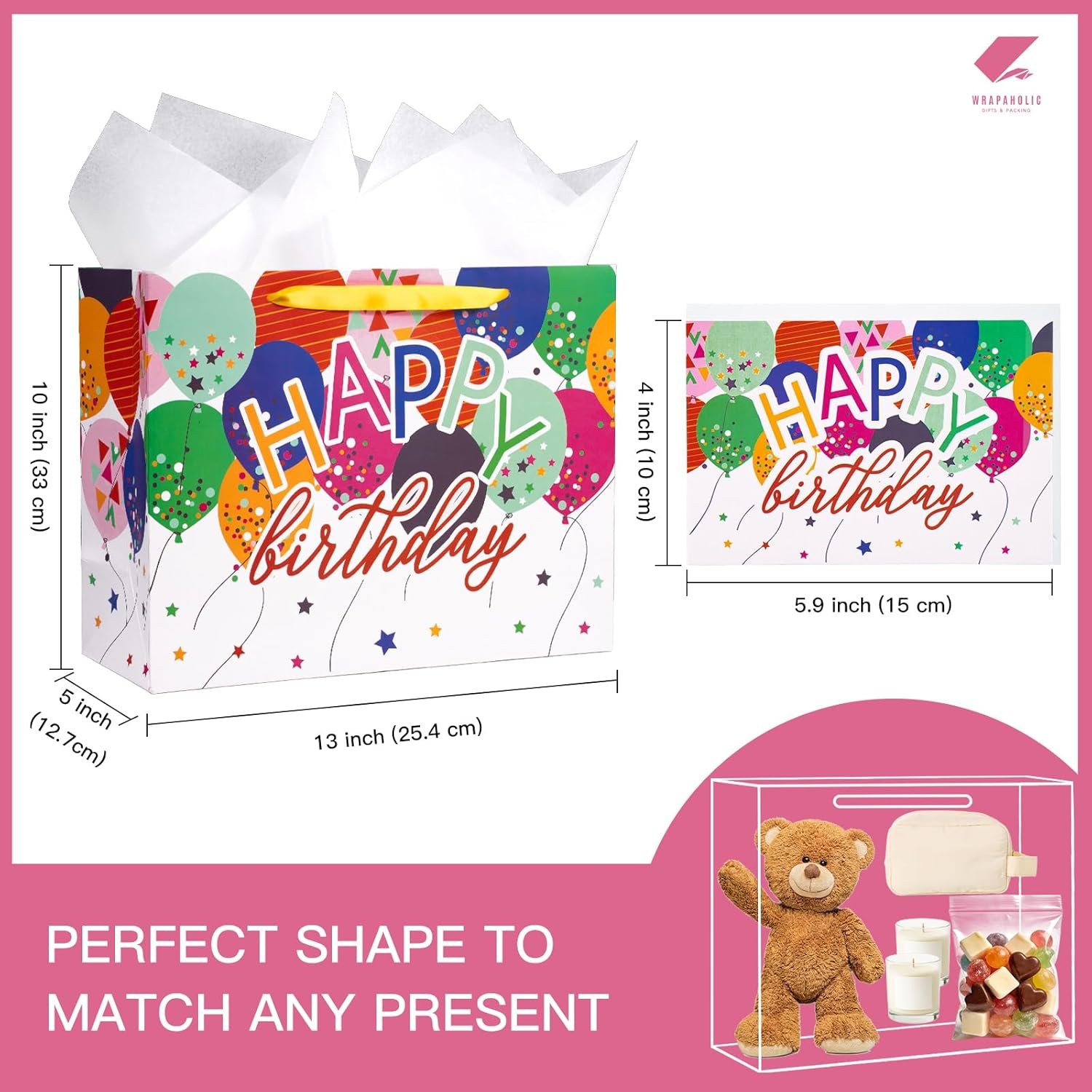 13″ Large Birthday Bag with Card and Tissue Paper – Colorful Balloons and Happy