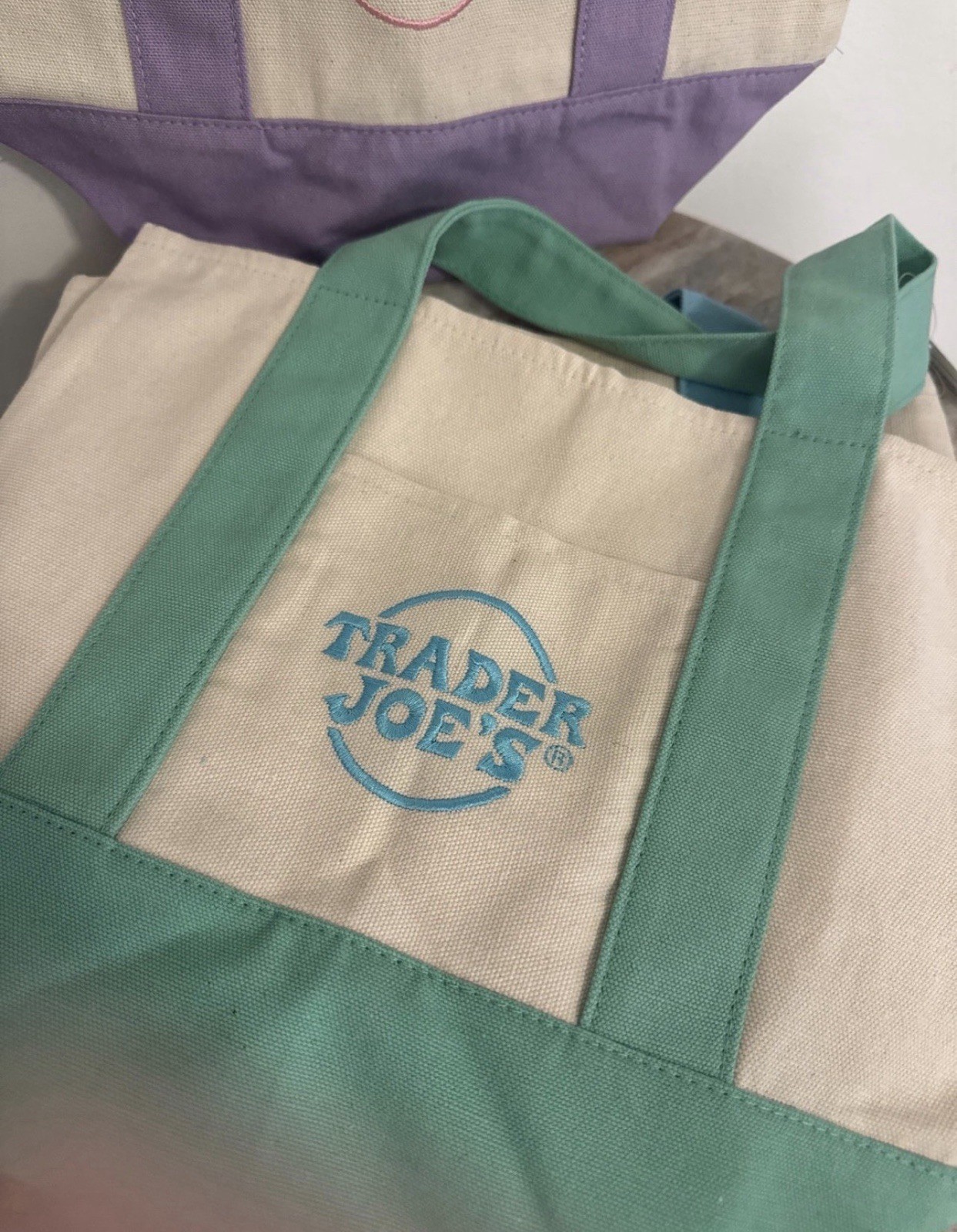 Trader Joe’s Mini Tote Bags – Set of 3 (Purple, Blue, Green)