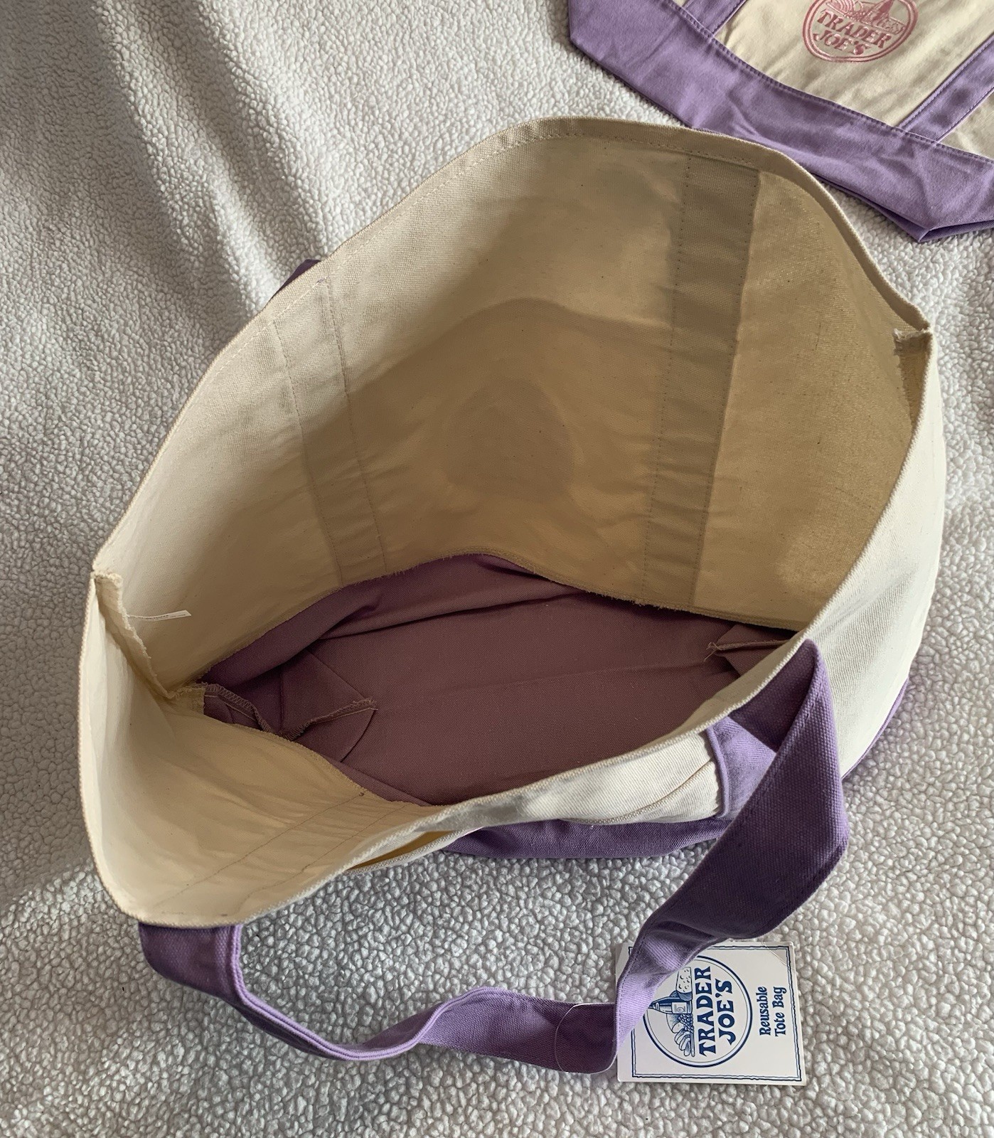 Trader Joe’s Easter 2026 Lilac Canvas Tote Bag Full Size NWT Double Sided Pocket