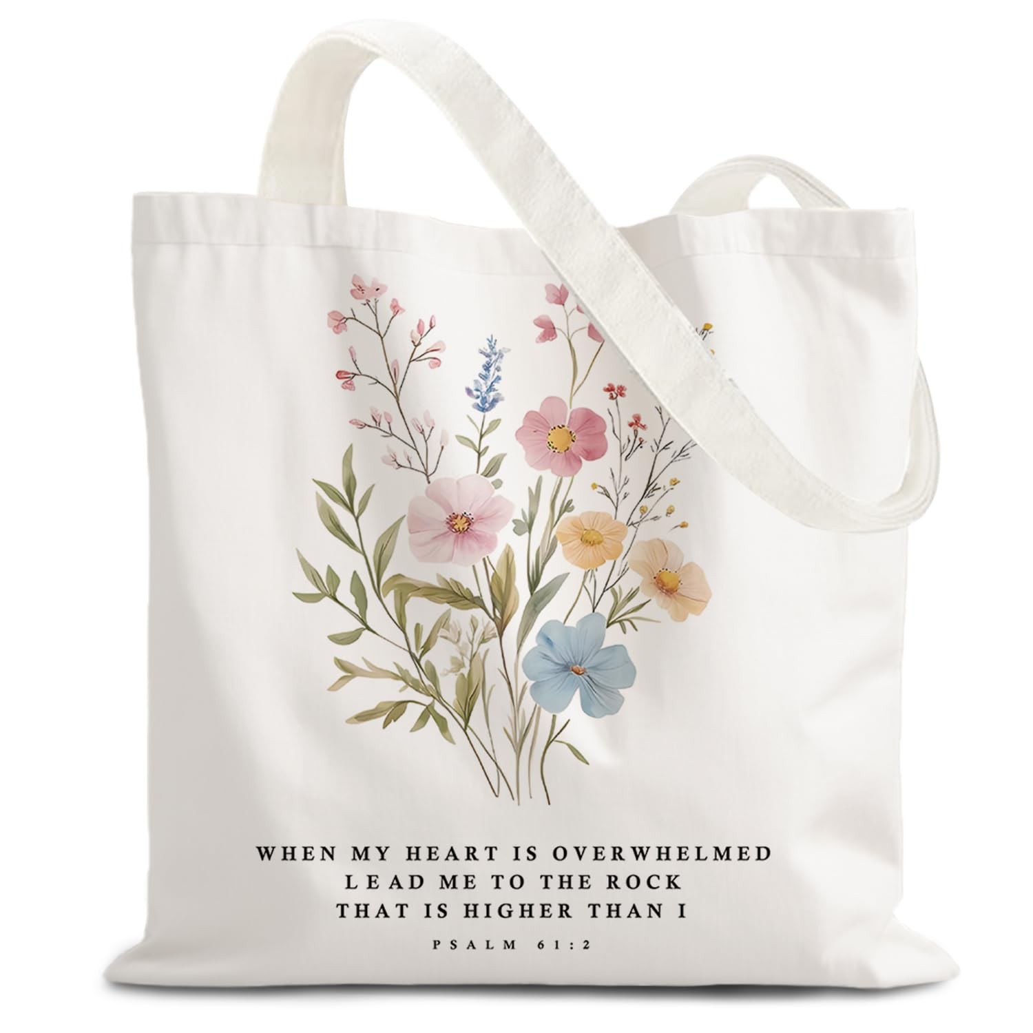 Boho Floral Christian Tote Bag, Psalm 61:2 Bible Verse Canvas Tote Bags for ,…