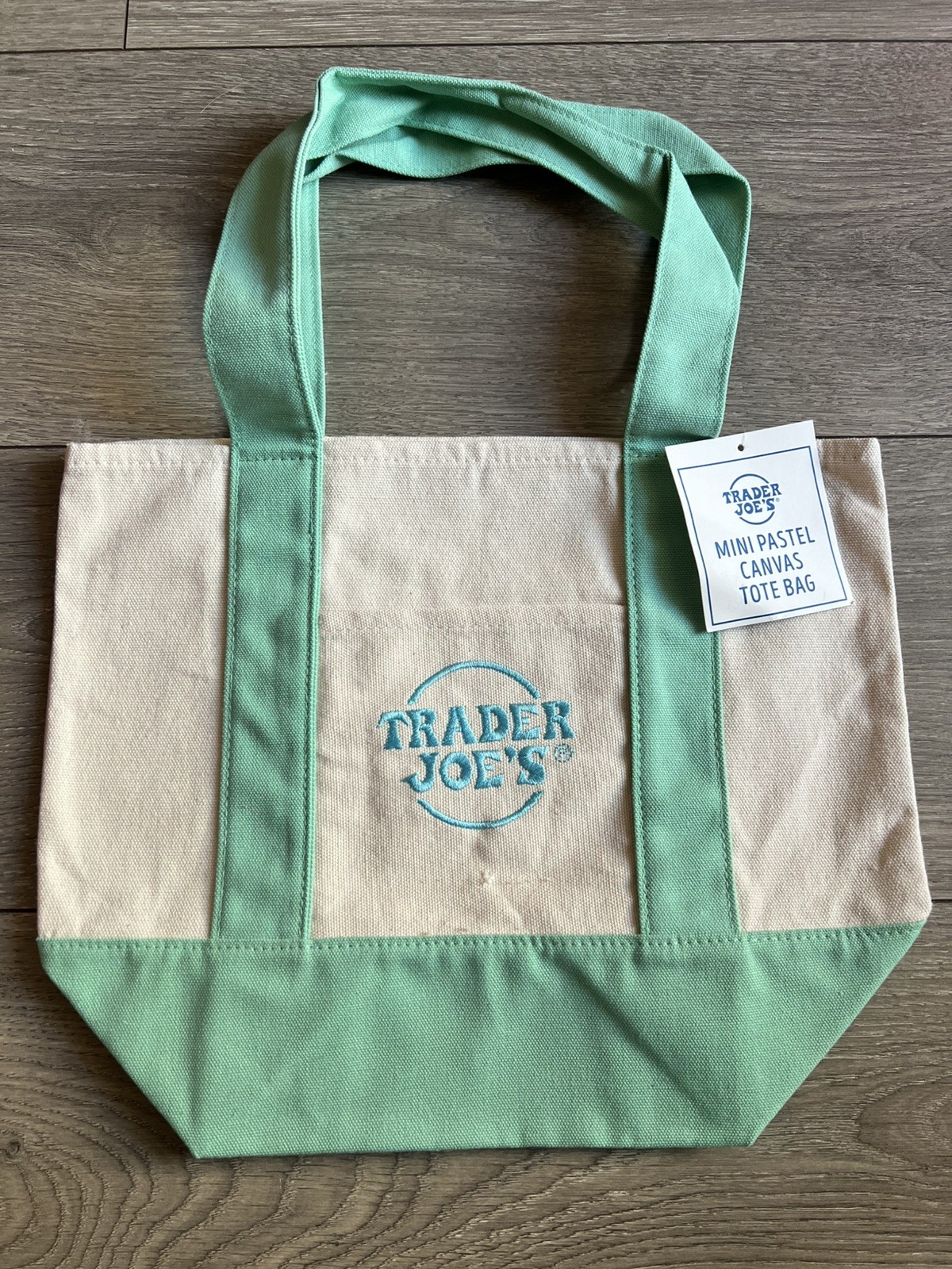 NWT Trader Joes Mini Pastel Canvas Tote Bag Green Reusable Grocery Bag