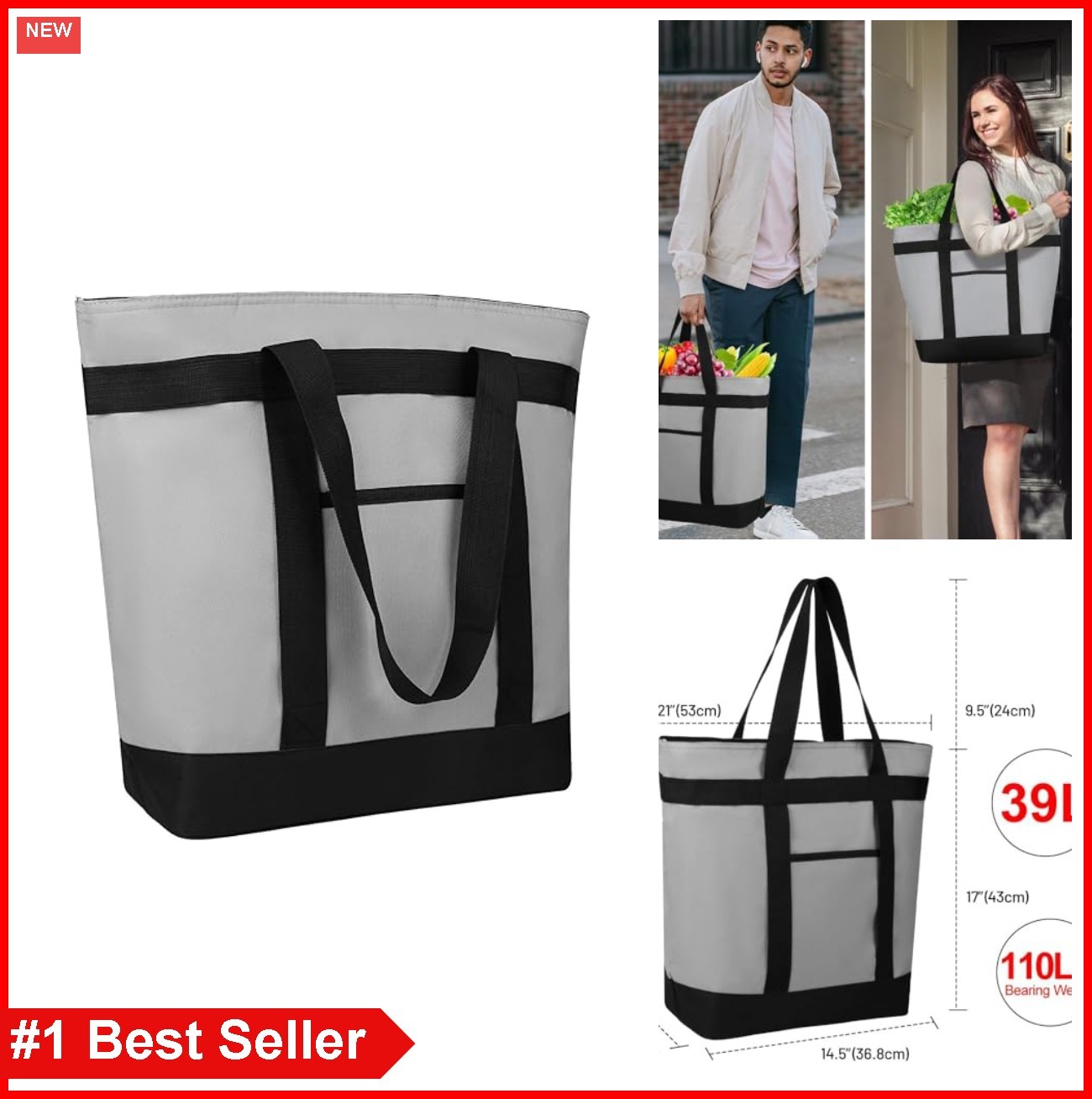 Insulated Reusable Tote Bag 39L Thermal Cooler Grocery Shopping Food Delivery