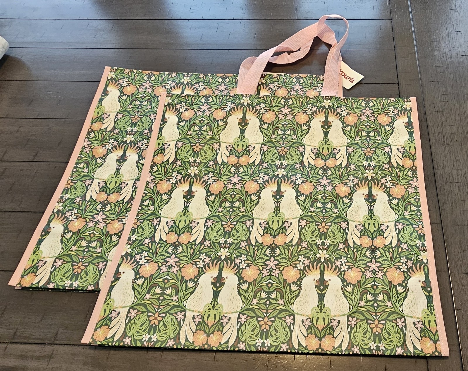 Lot 2 TJ Maxx Tropical Bird Floral Tote Shopping Bags XL Reusable Waterproof ECO