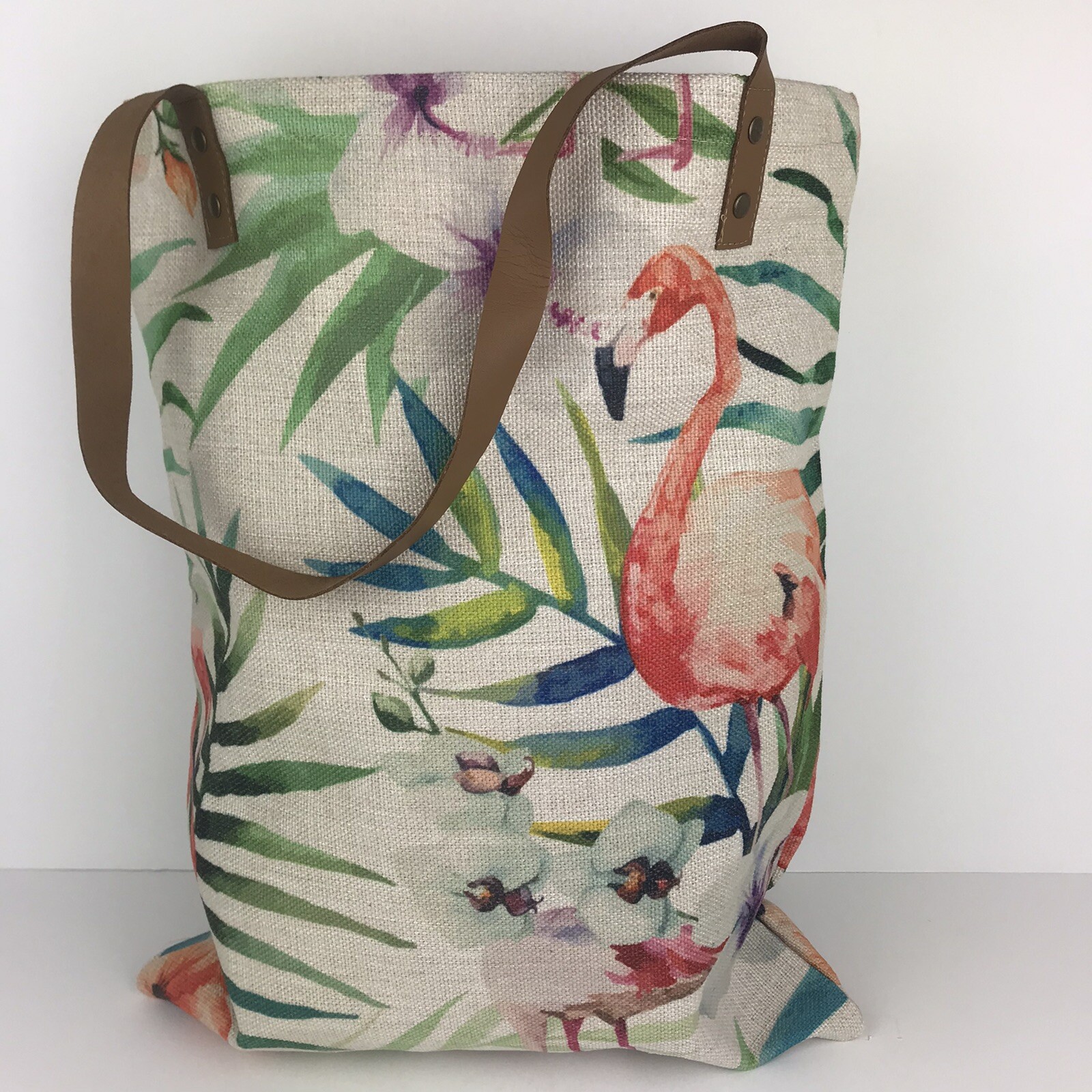 NEW Reusable Shopping Bag Tote Grocery Burlap Feel Tropical Flamingo 13.7″ x 18″