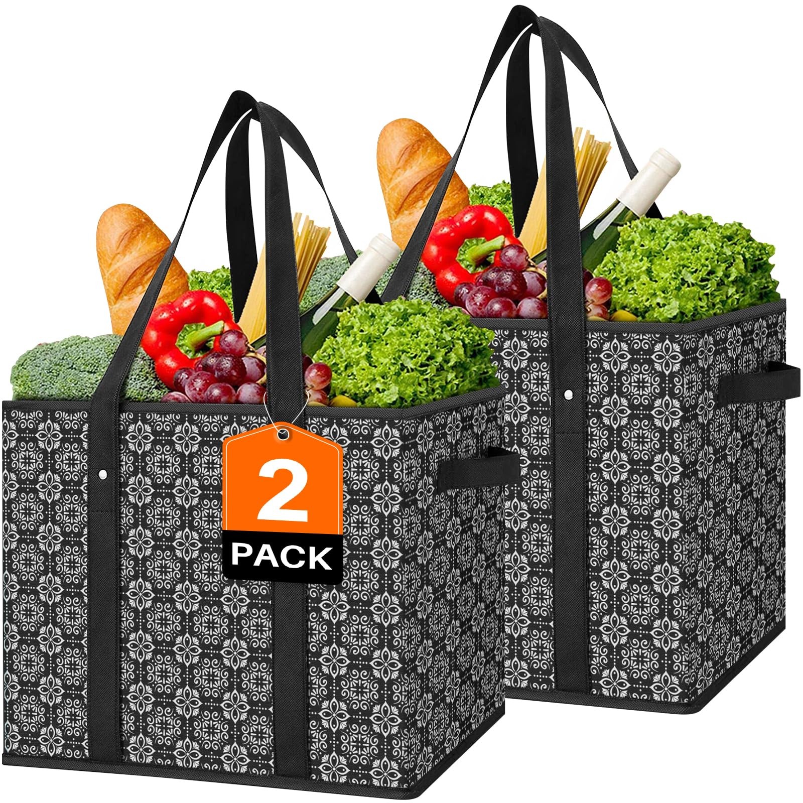 2 Pack Reusable Grocery Bags Large Water Resistant Foldable Clothes Picnic Black
