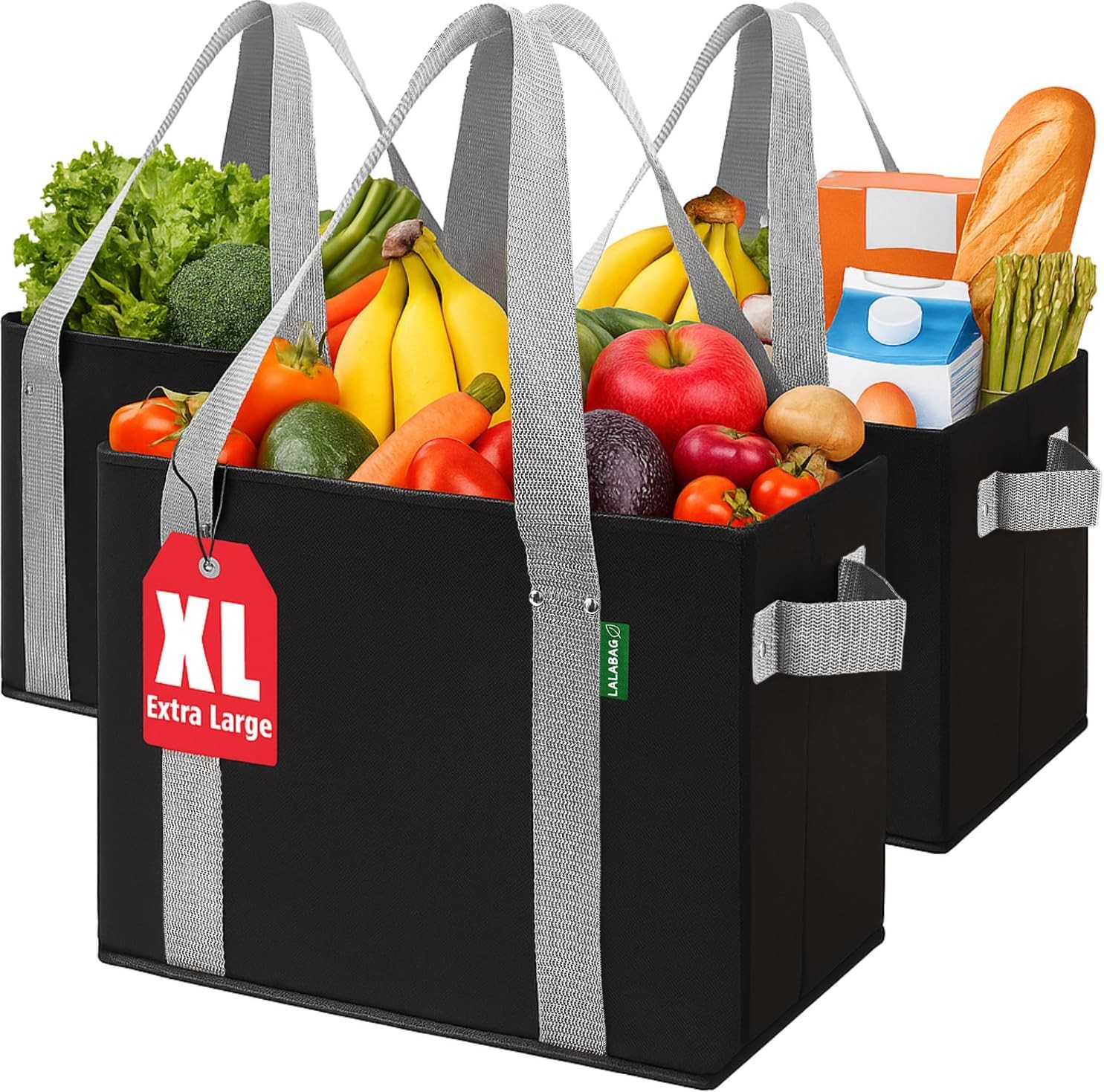Reusable Grocery Bags (3 Pack ) – Heavy Duty Eco Tote Bags with Box Shape to …