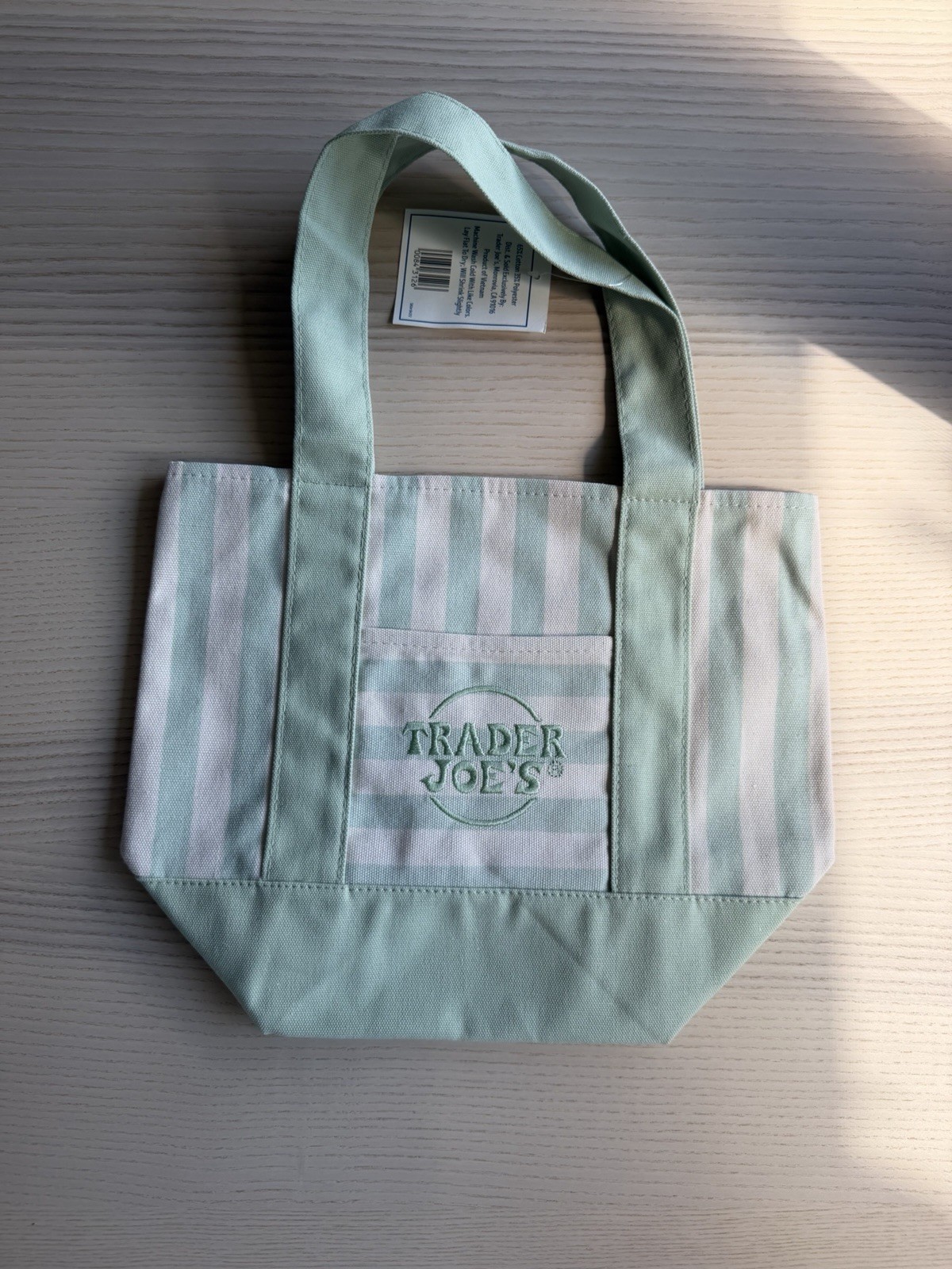 🔥 Brand New Trader Joe’s Striped Mini Canvas Tote Bag – Sage Green & White 🔥