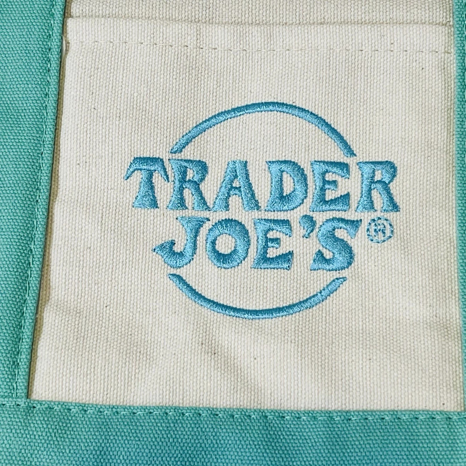 Trader Joe’s Mini Pastel Canvas Bag Off White, Green Base & Straps, Blue Logo US