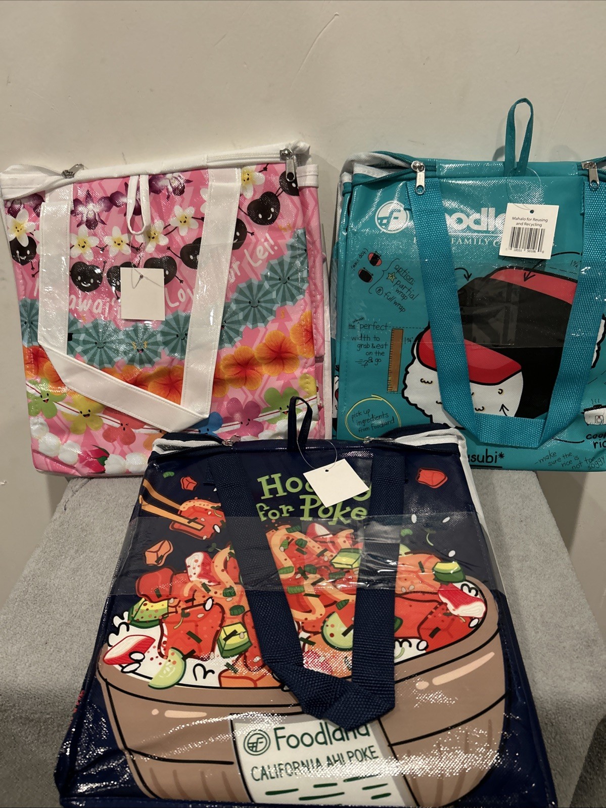 Foodland Hawaii Set Of 3 Insulated Reusable Bags ~ Spam Musubi/Leis/Poke bowl