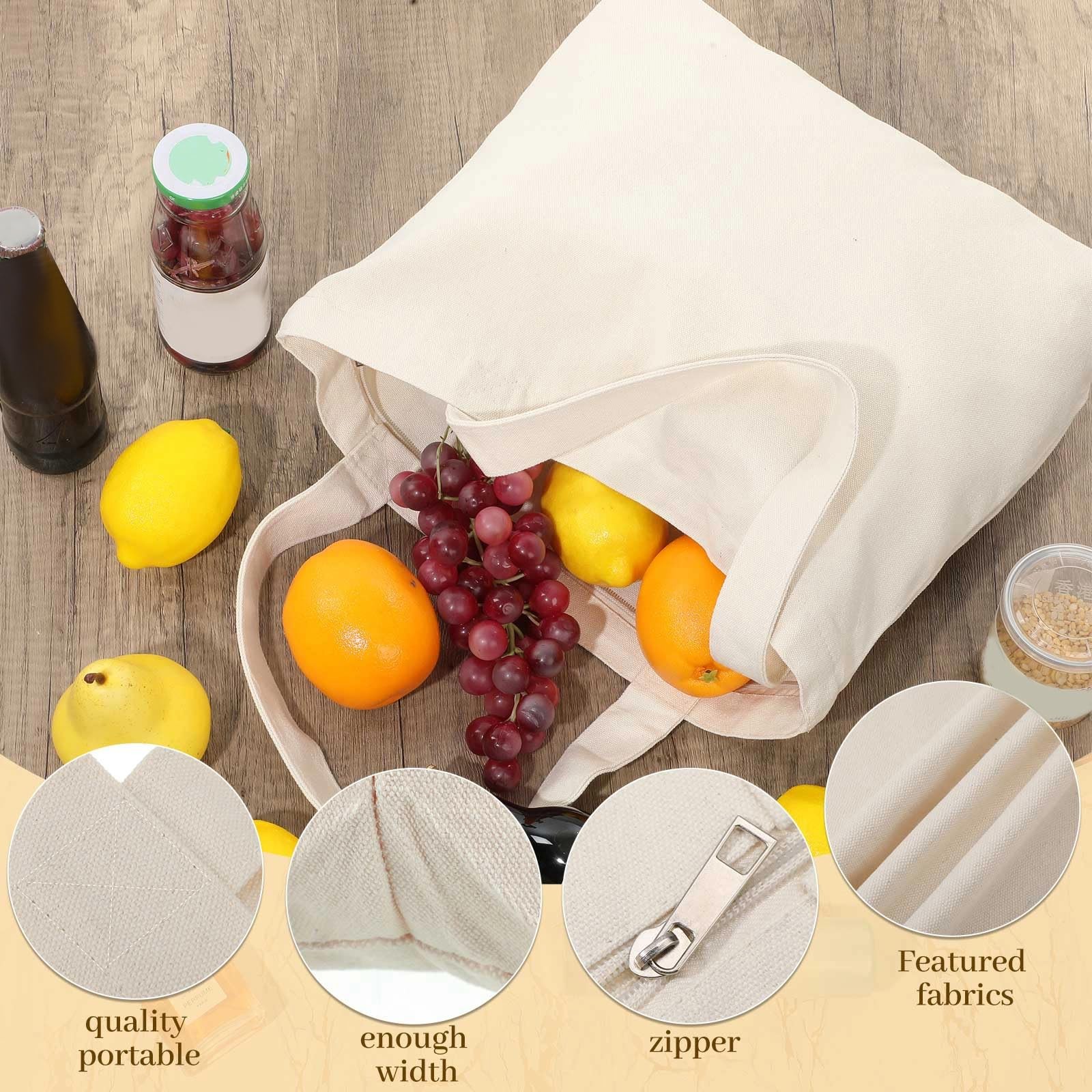 Canvas Tote Bag with Zipper – Bulk Reusable Large Blank Cotton Grocery Shoppi…