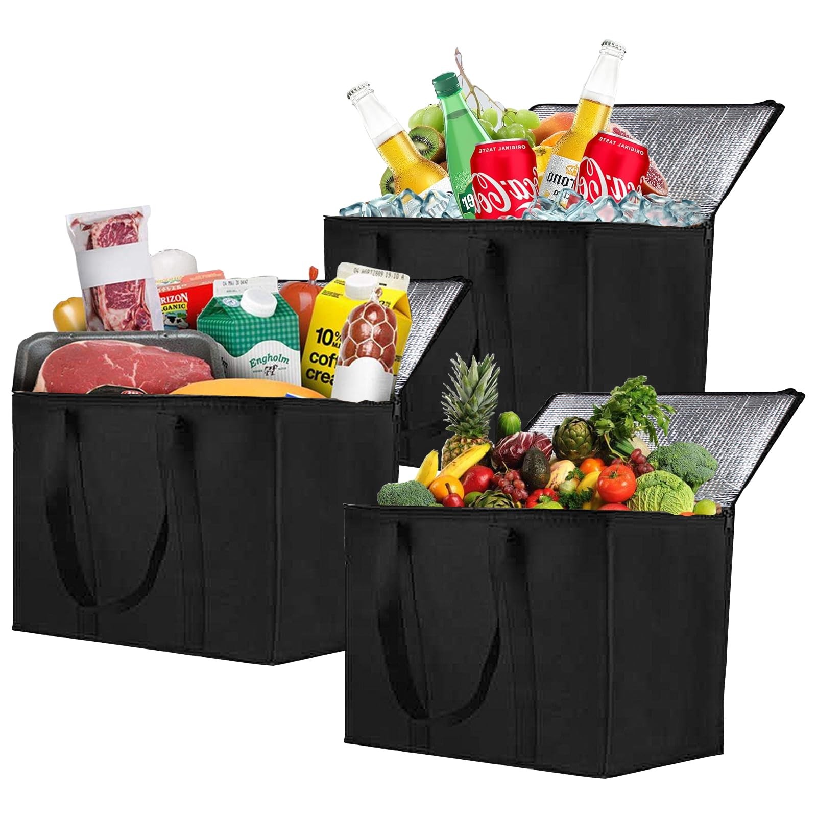 Longzhuo 3 Pack Insulated Grocery Bags with Zippered 13×8×14 inches, Black