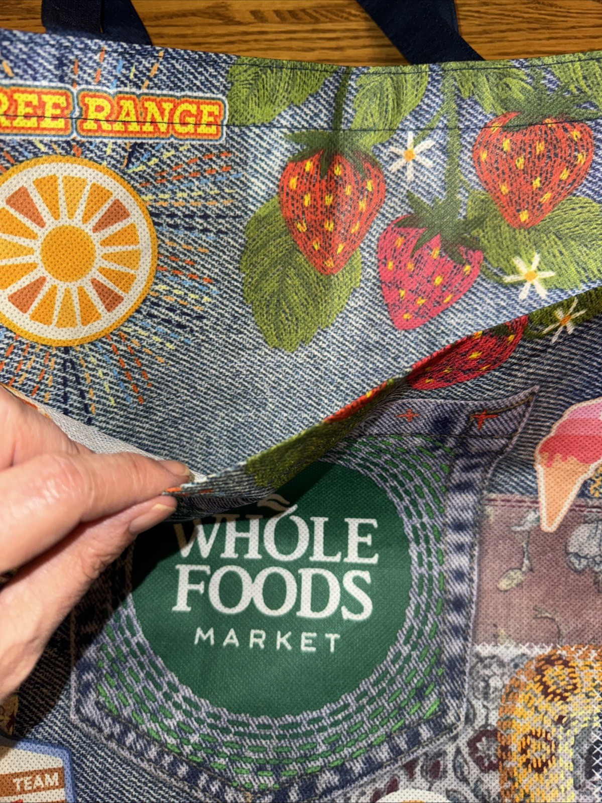 NWT Whole Foods reusable Bag Hippie Denim Embroidery Boho Large Machine Wash