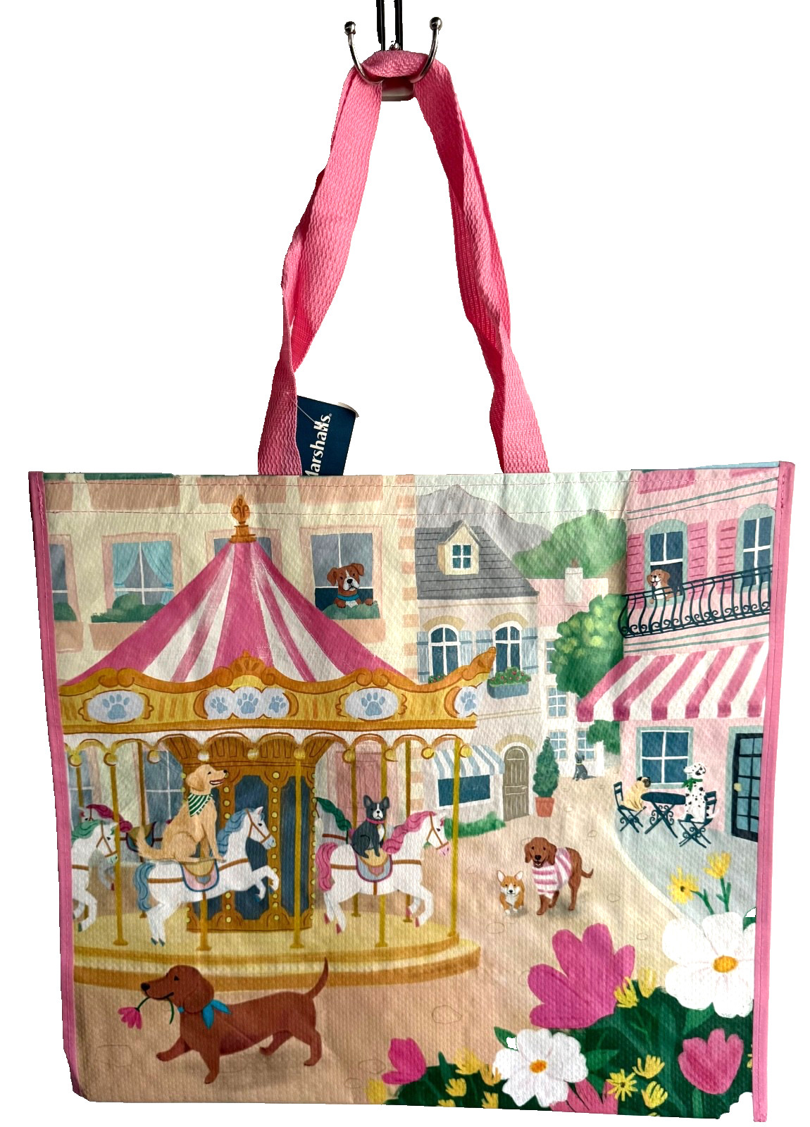 MARSHALLS REUSABLE LARGE TOTE SHOPPING BAG 20″ X 18″ DOG TOWN CAROUSEL DACHSHUND
