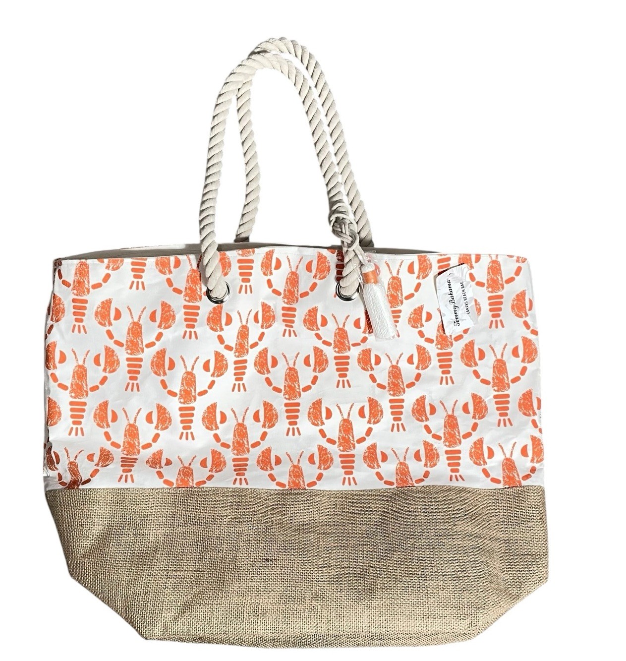 NEW Tommy Bahama Large Canvas Tote Bag Orange Lobsters w/Rope Handles & Tassel