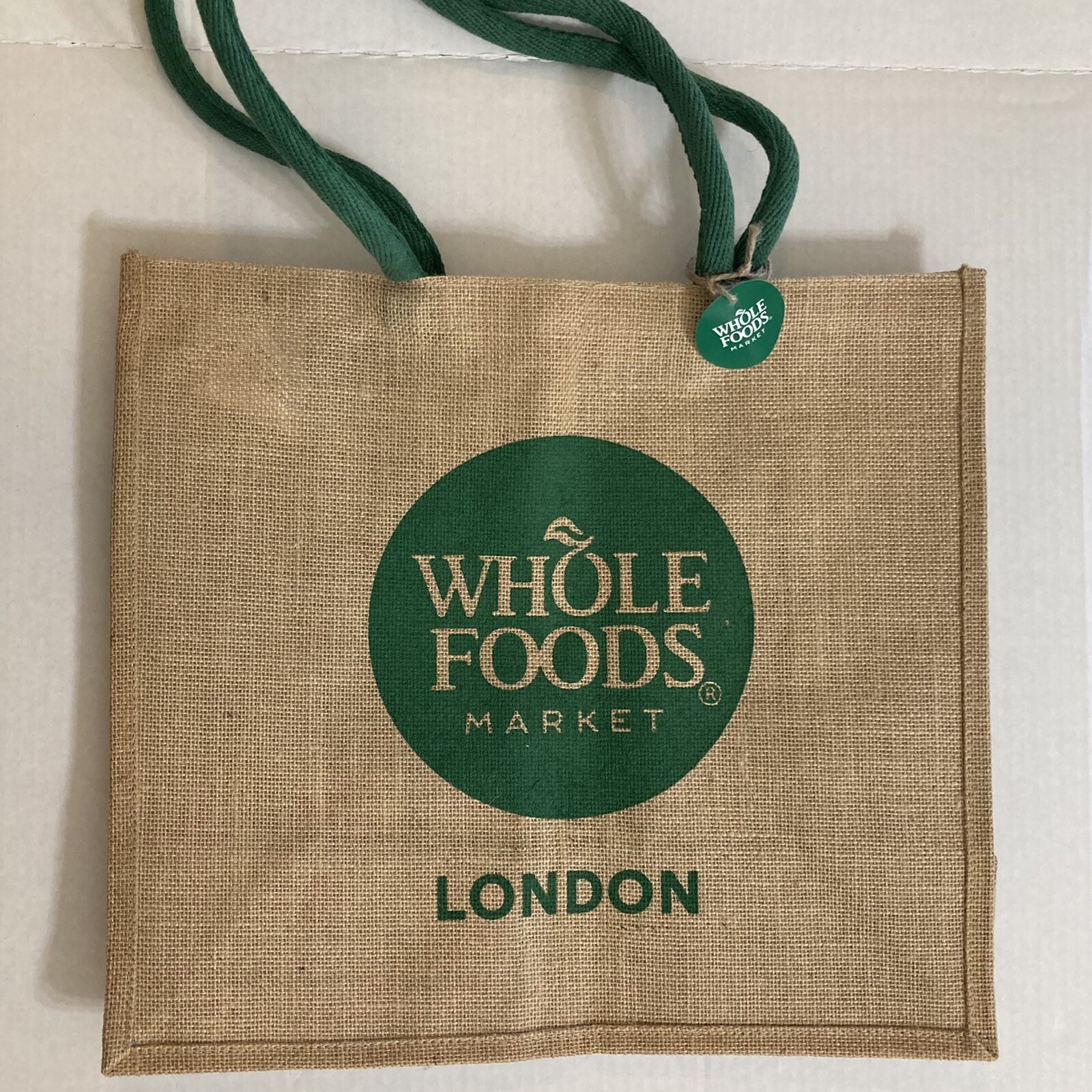 Whole Foods Market London Jute Tote Bag Brown Green New Logo Reusable UK New