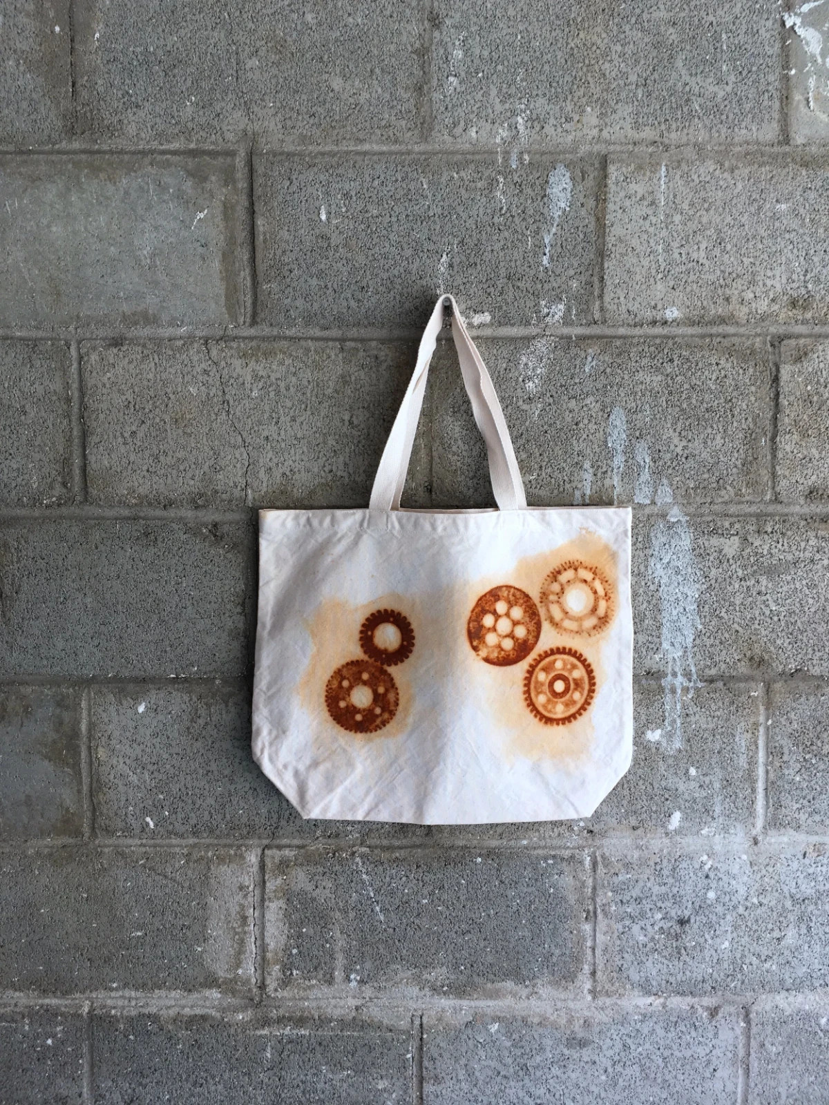 Organic Cotton Farmers Market Tote Bag Rusty Gears Handmade XL 18×14.5 Rust Dyed