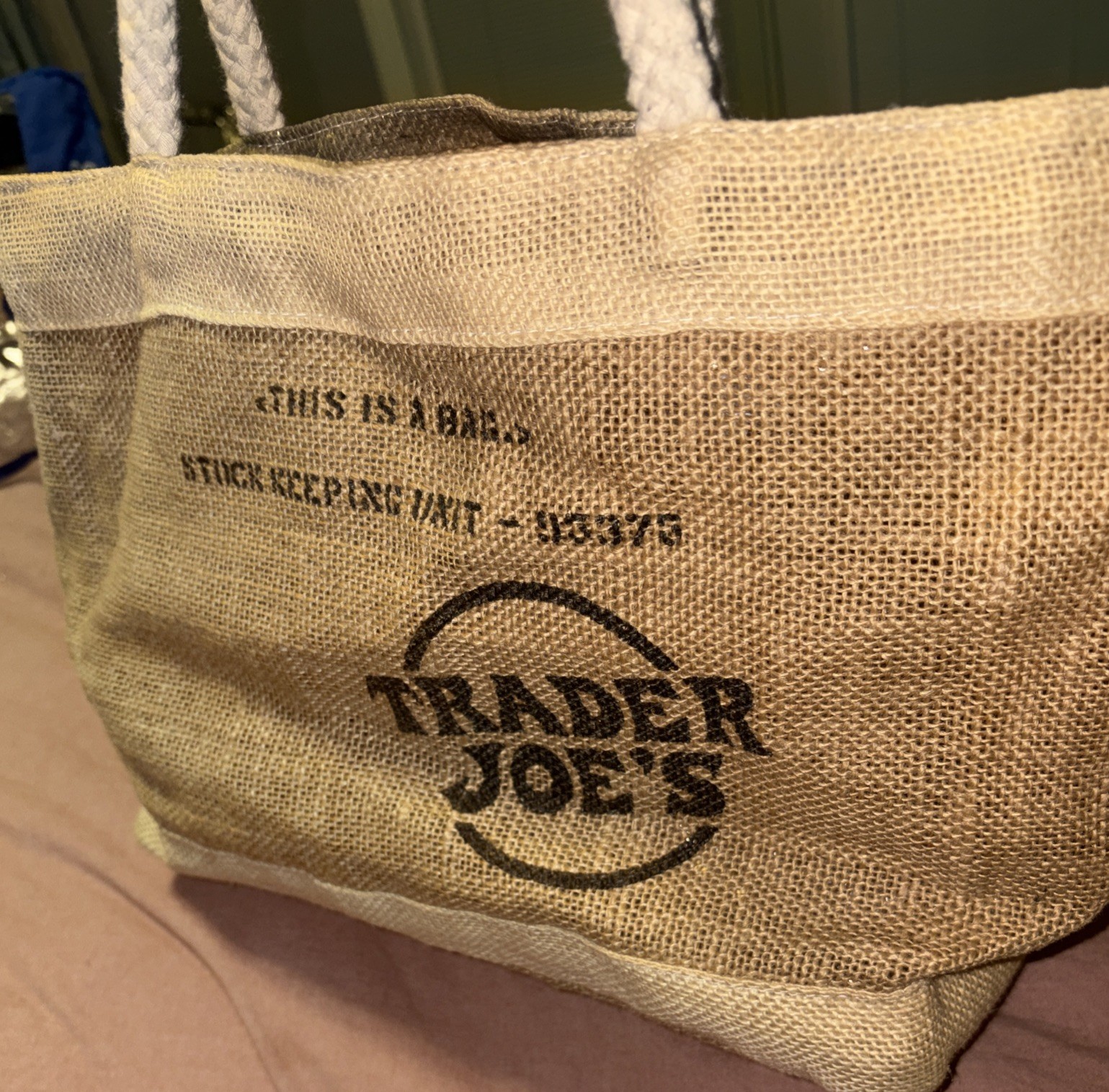 Trader Joe’s Stock Keeping Unit -95375 Jute Plastic Coated Lining Tote Bag