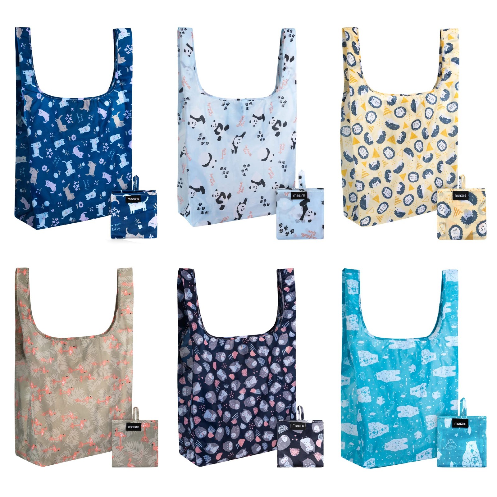 6 PCS Reusable Ripstop Grocery Bags Foldable Eco Friendly Animal Pattern