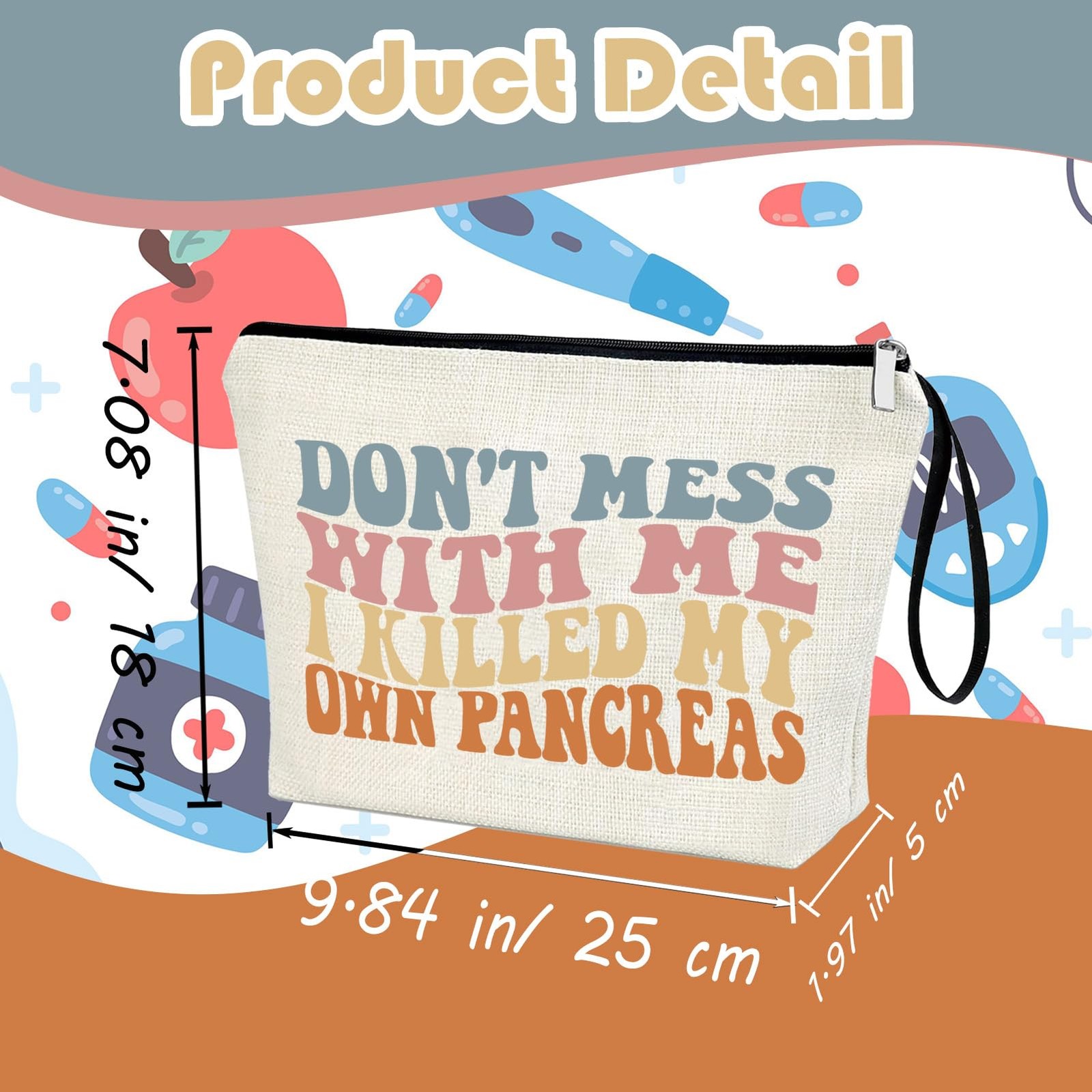 Diabetes Zipper Bag Type 1 Support Awareness Compact, White
