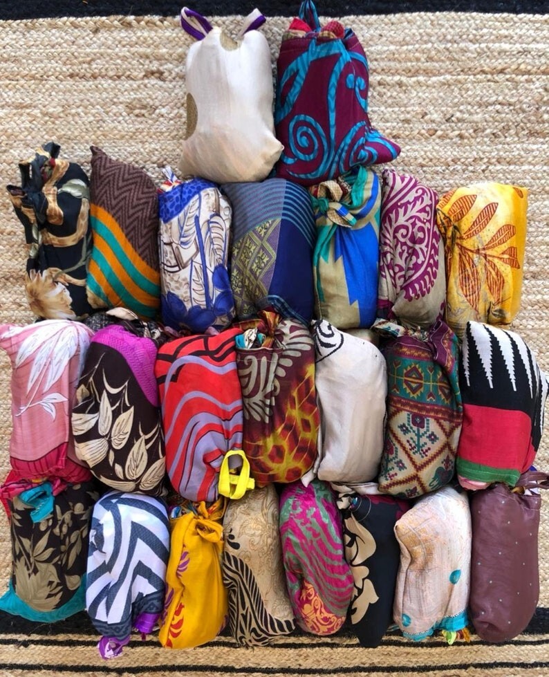 100 Pcs Lot Of Upcycled Silk Sari Shopping Bags Reusable Carry Bags Tote bags