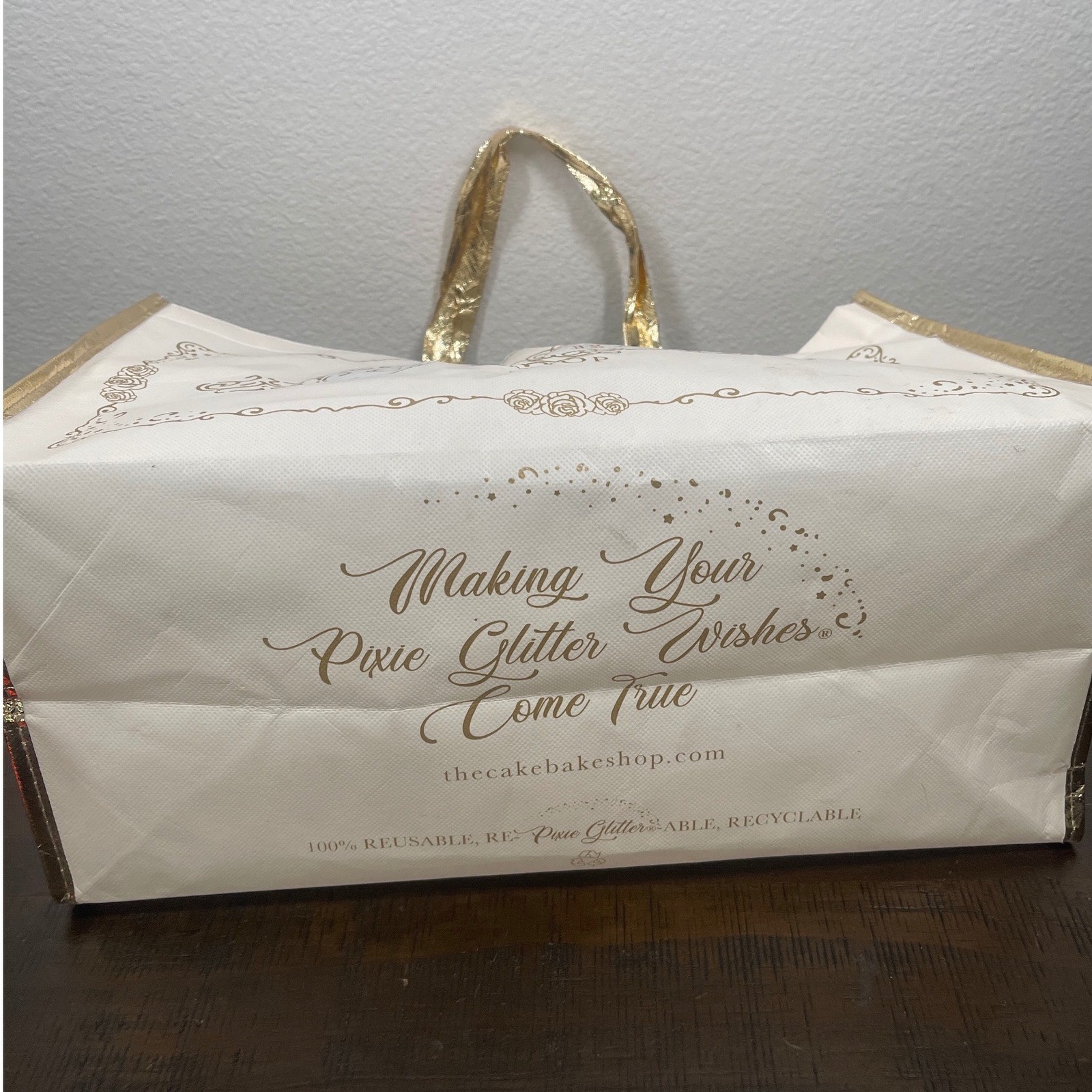 The Cake Bake Shop Reusable Shopping Tote Bag Cream Gold Filigree Rose Large
