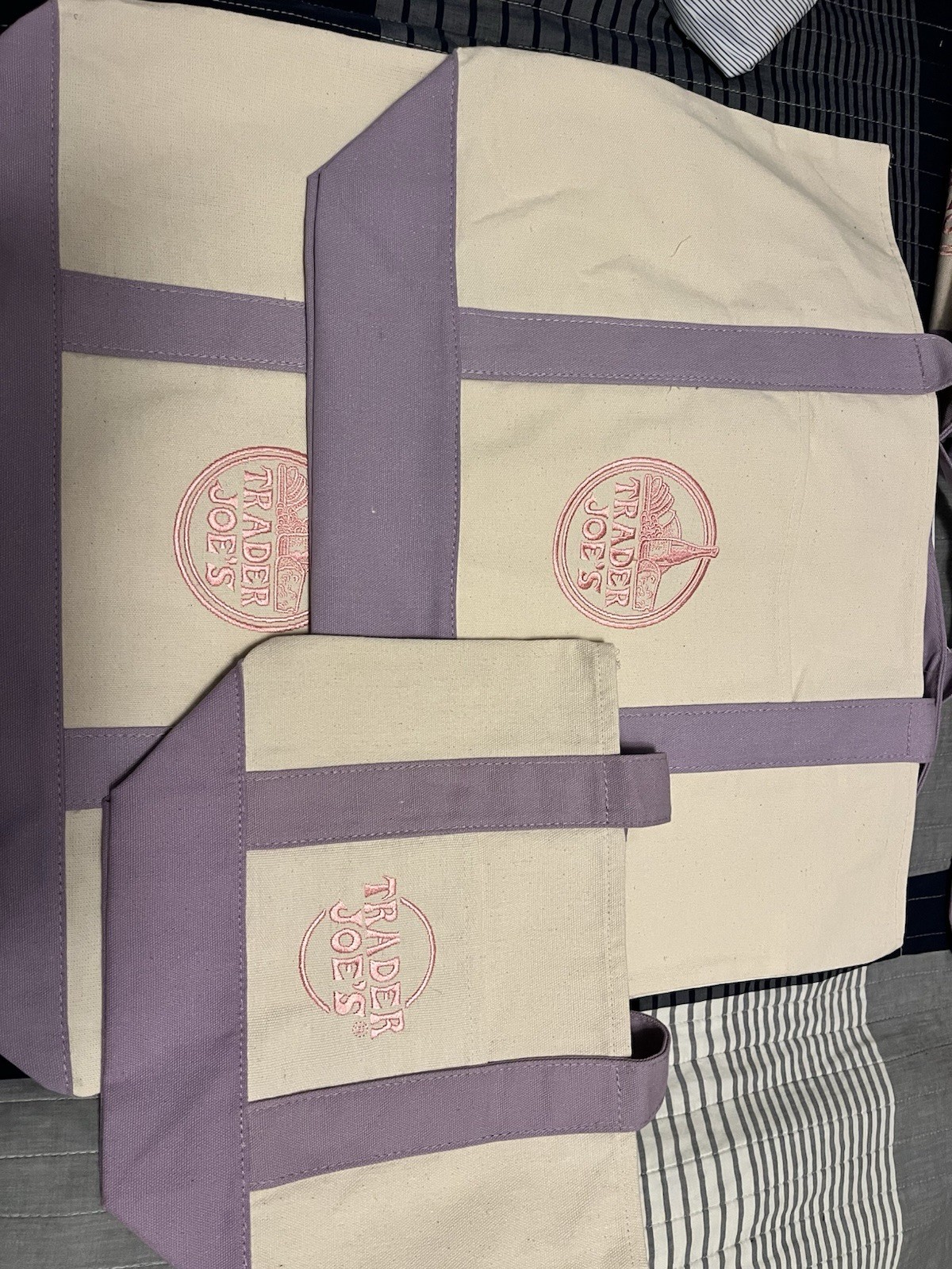 Trader Joe’s Reusable Canvas Tote Bag Set Beige Purple Solid Plain Shopping Bags