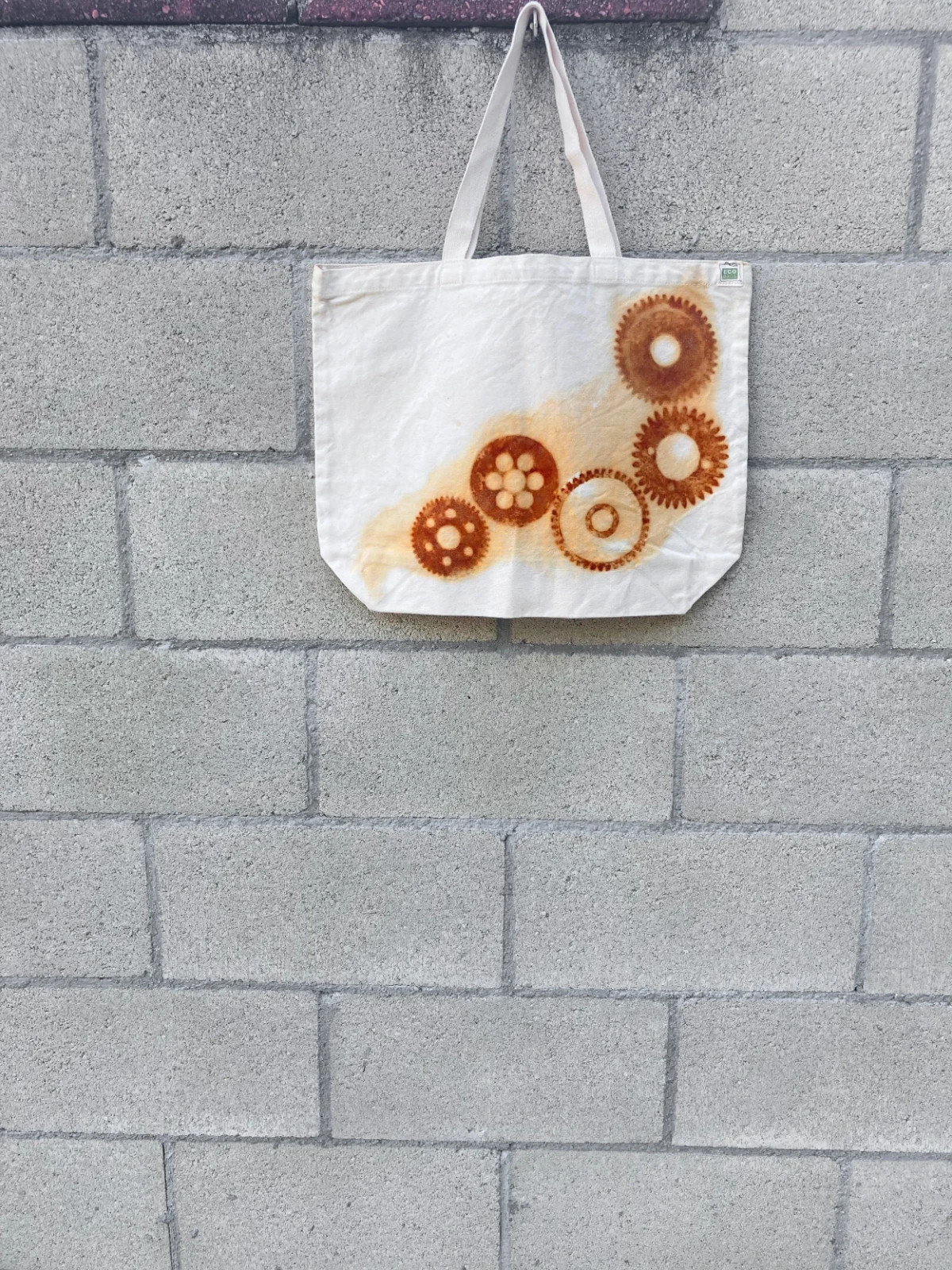 Organic Cotton Farmers Market Tote Bag Rusty Gears Handmade XL 18×14.5 Rust Dyed