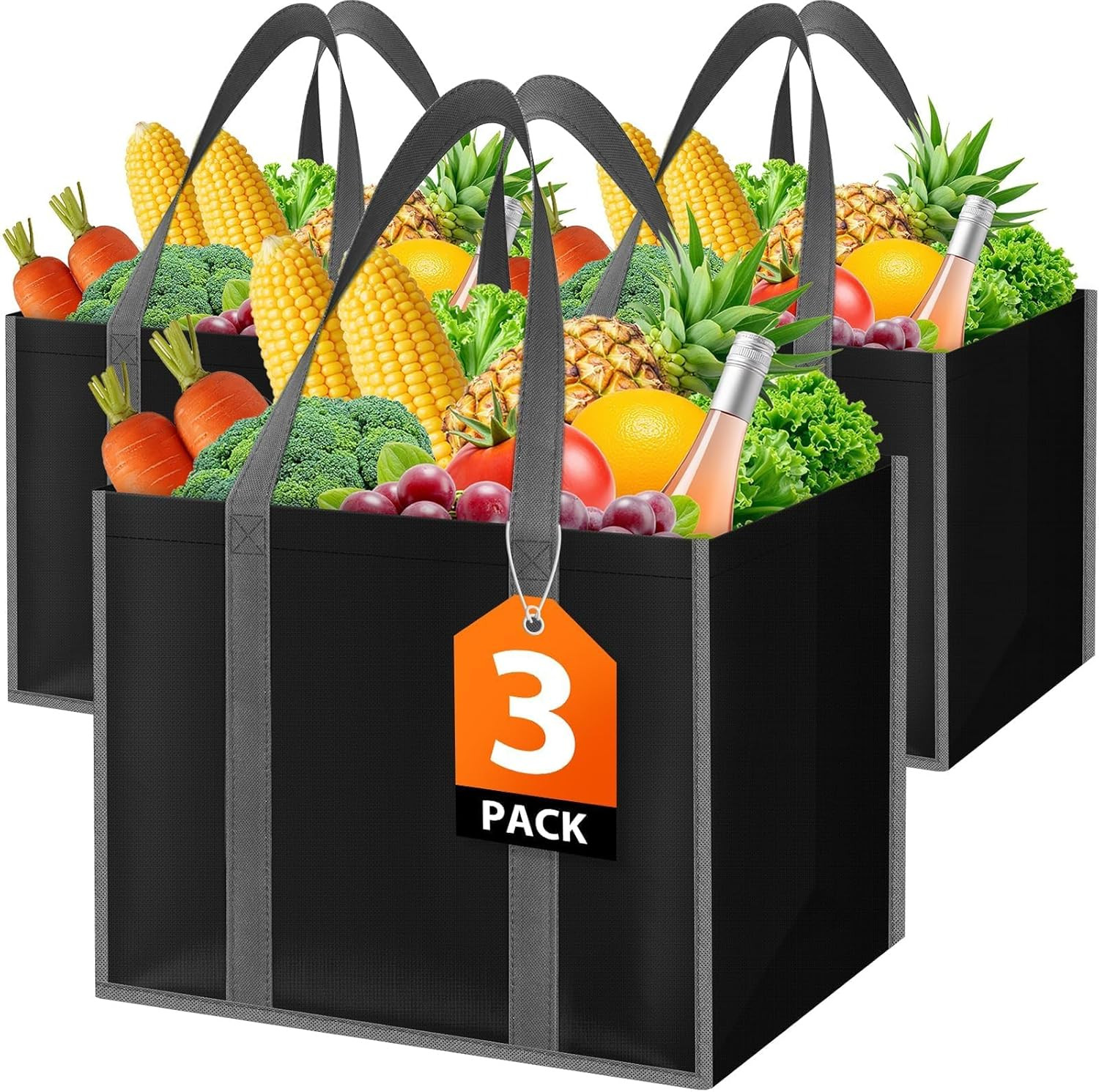 Reusable Grocery Bags with Handles – 3 Pack 35L Large Shopping Bags fo