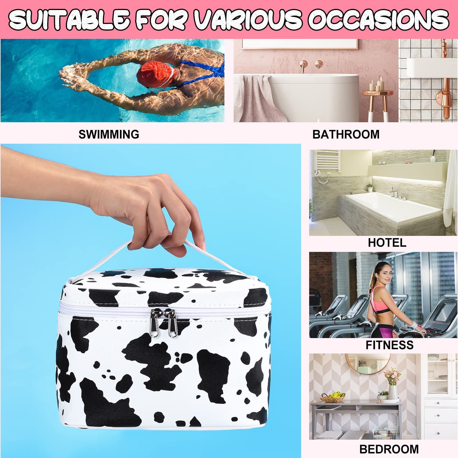 Saintrygo Set of 6 Makeup Bag Travel Cosmetic Cow Print Black