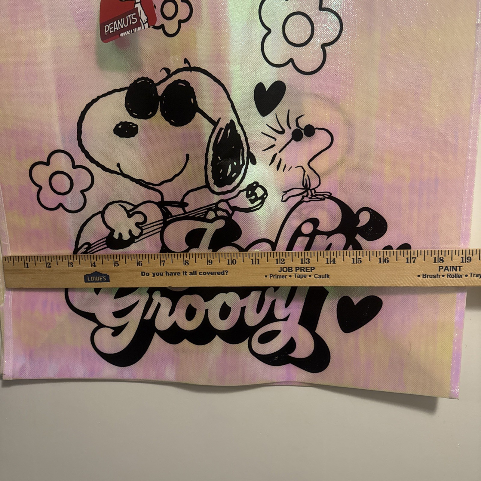 Peanuts Snoopy & Woodstock Feeling Groovy Iridescent Pink Reusable Shopping Bag