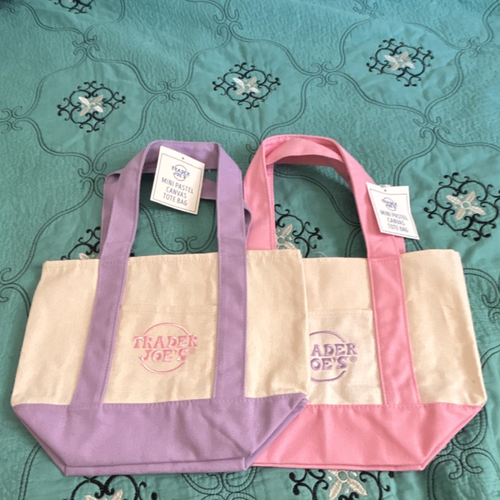 Trader Joe’s Mini Canvas Colorblock Tote Bags Pink Purple Set of 2