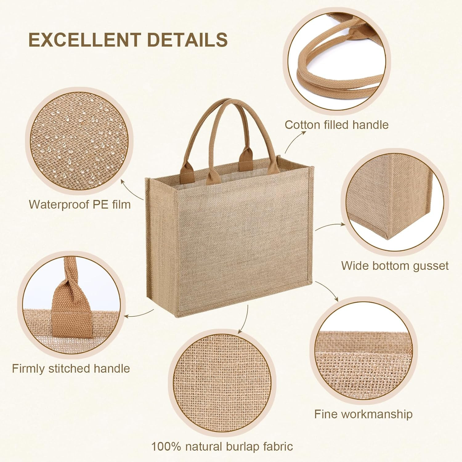 10 Pack Reusable Jute Tote Bags with Handles, 15.1X11.8X5.5 Inch Large Natural B