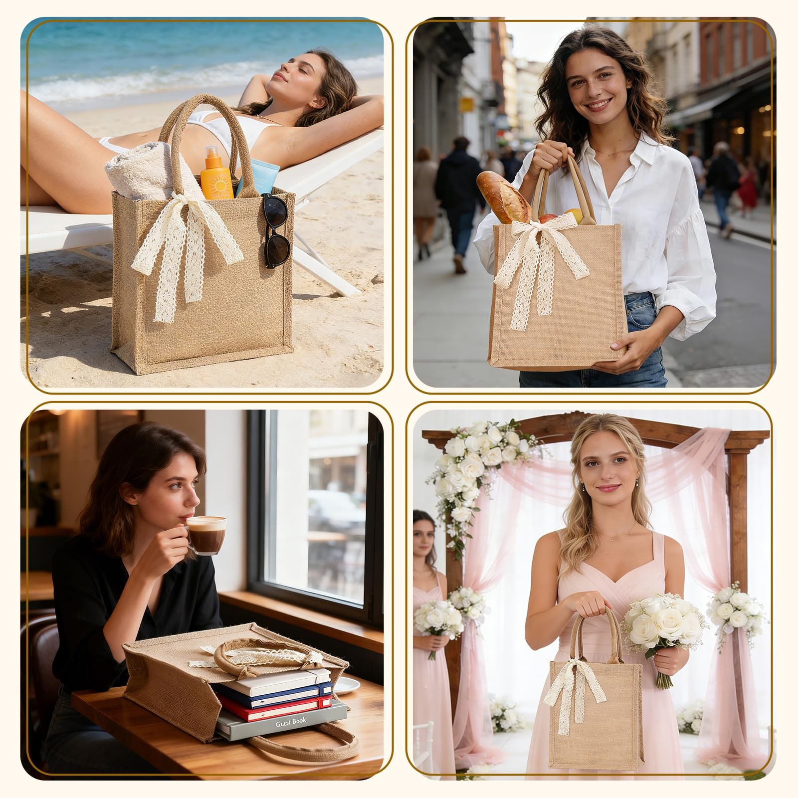 6 PCS Small Burlap Tote Bag Set Reusable Jute Grocery 11×9.45×3.94 Inch Beach