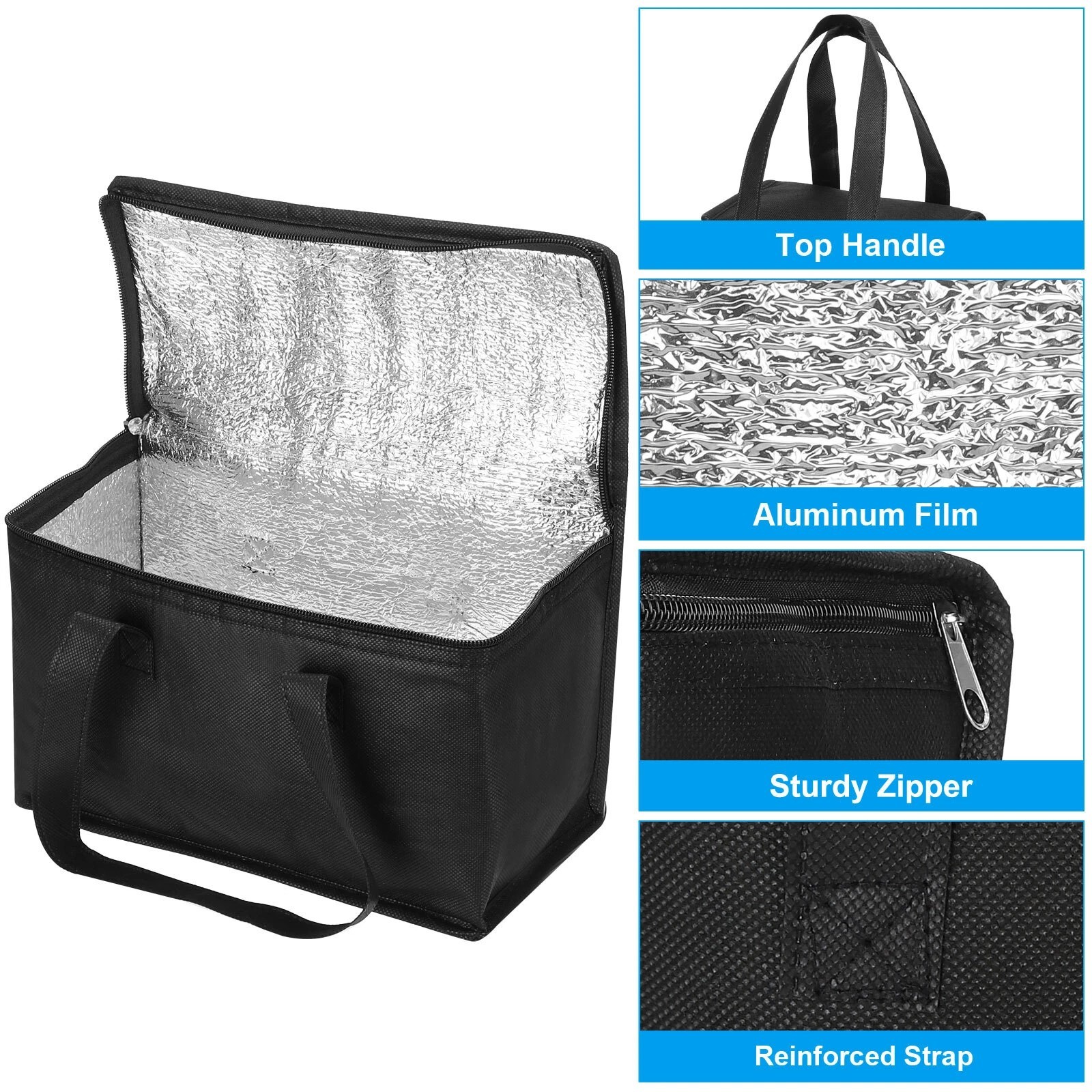 2Pcs 11″x5.5″x6.7″ Insulated Reusable Grocery Bag Food Delivery Tote Bag, Black