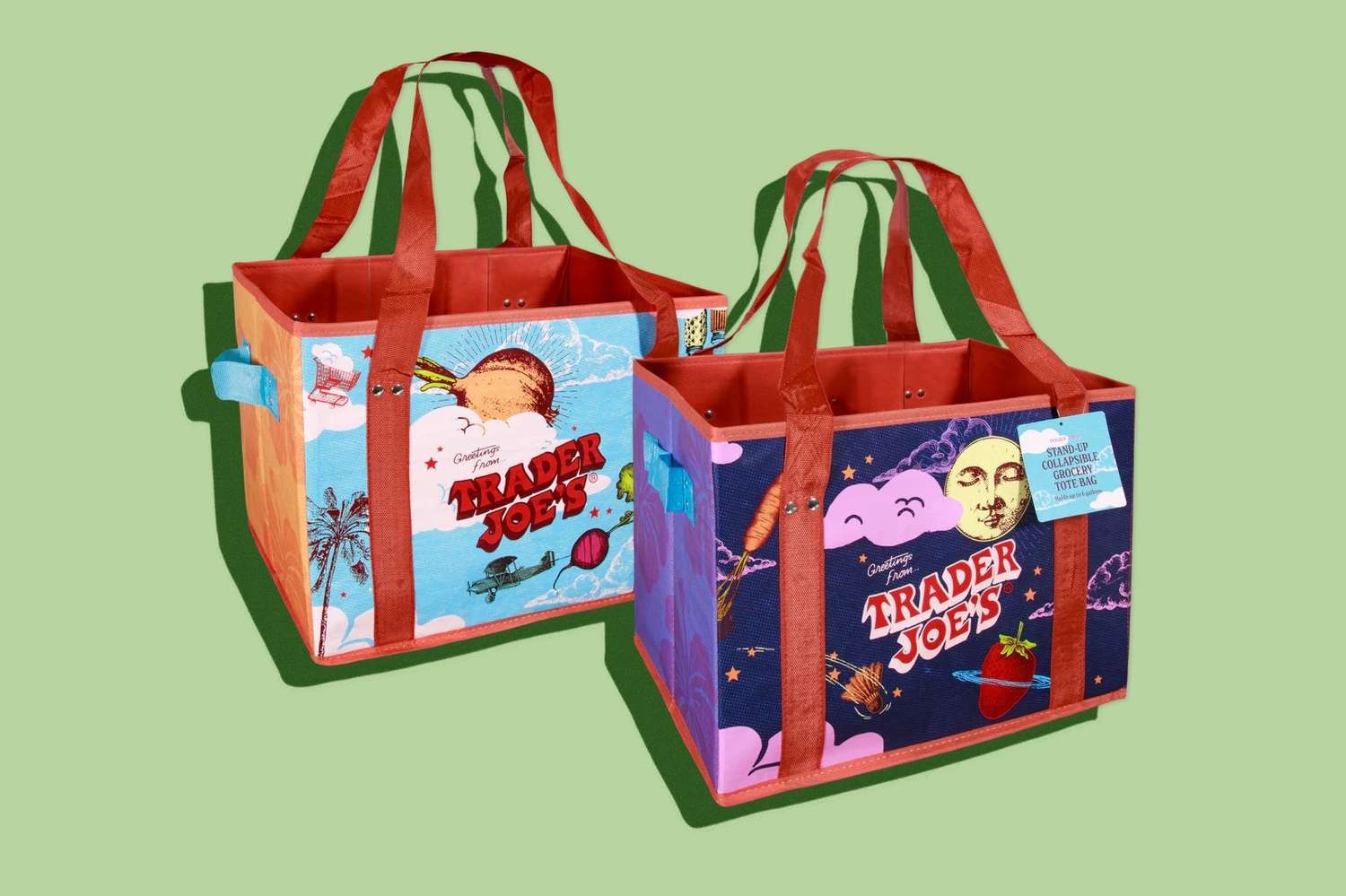 Trader Joe’s Collapsible Stand-Up Tote Bags 2-Pack Medium Multicolor 15x10x10