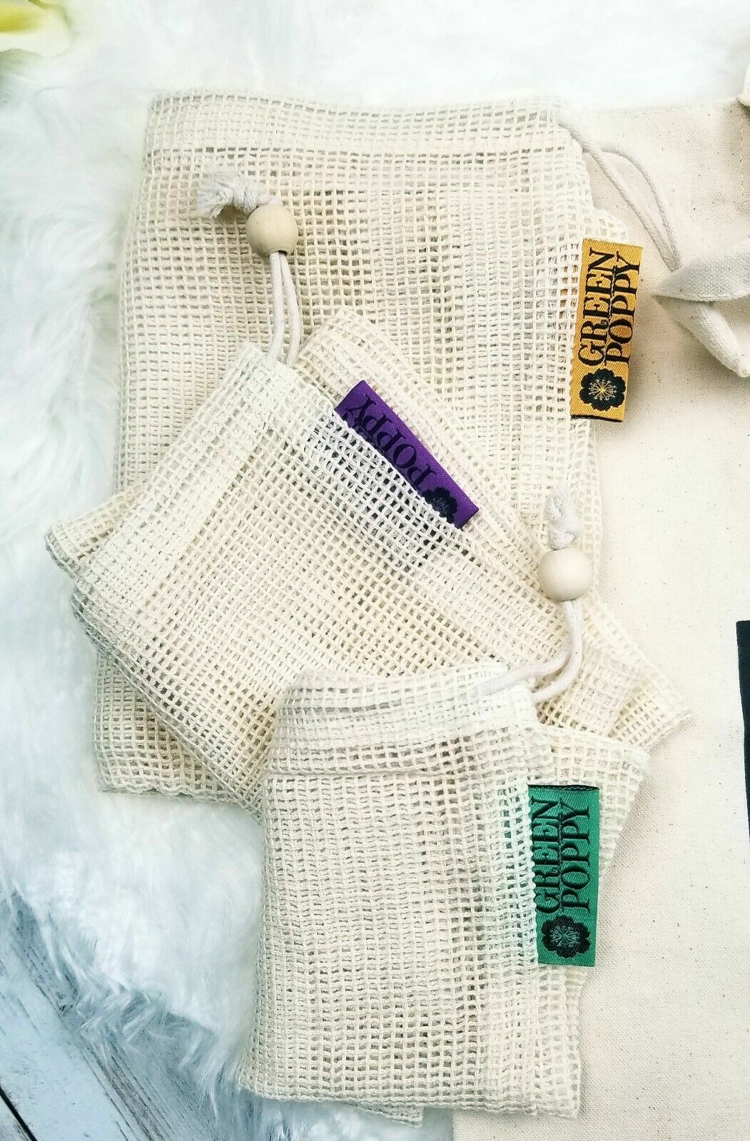 ✿ Organic Cotton Reusable Grocery & Produce Bags Set Mesh Canvas Wood Drawstring